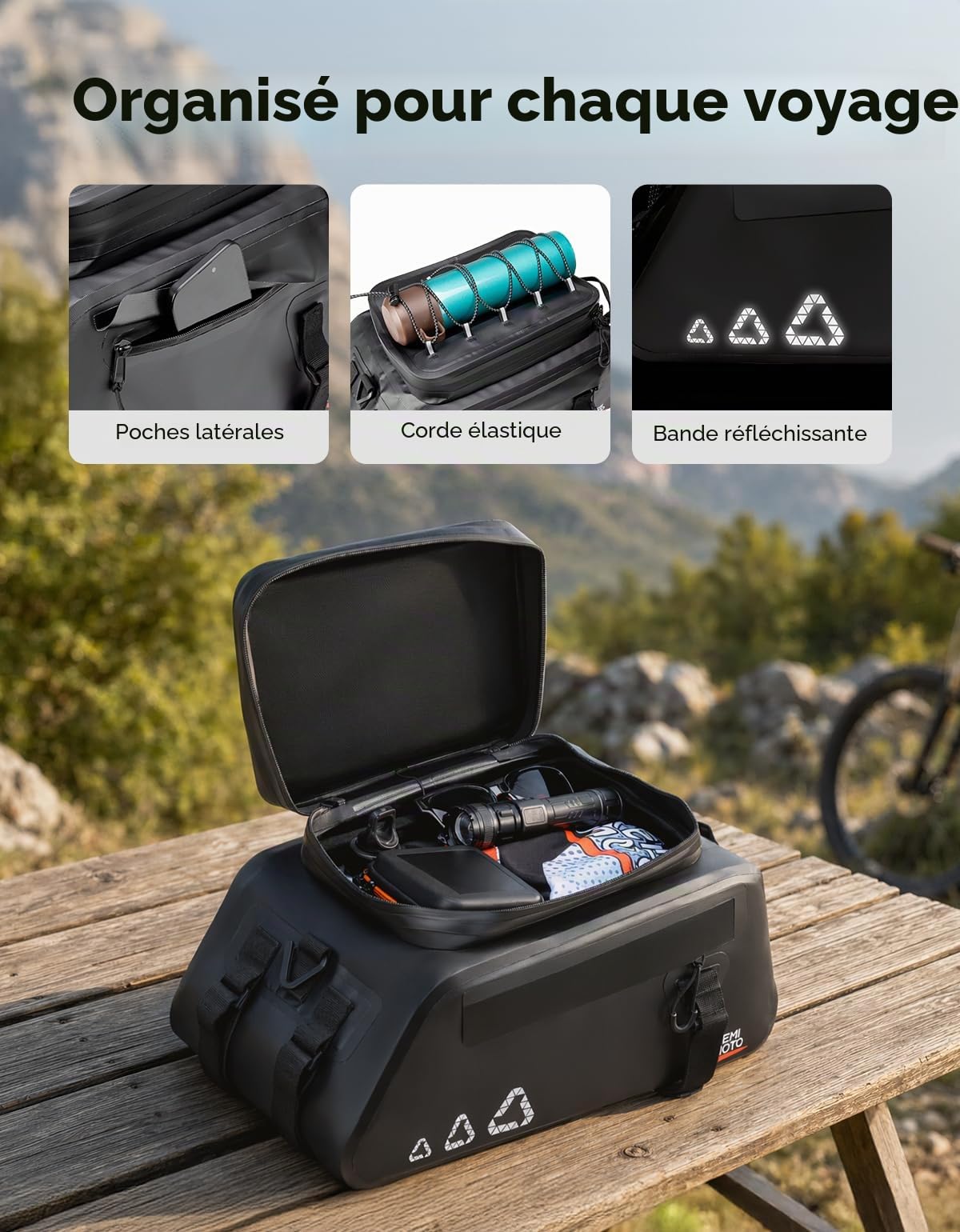 KEMIMOTO 3 en 1 Sacoche Velo Porte Bagage Arriere, 13L Sacoche Vélo Arrière Etanche 500D PVC et avec Plusieurs Compartiments, Sac Vélo Multifonctionnelle avec Poignée de Transport et Bandoulière