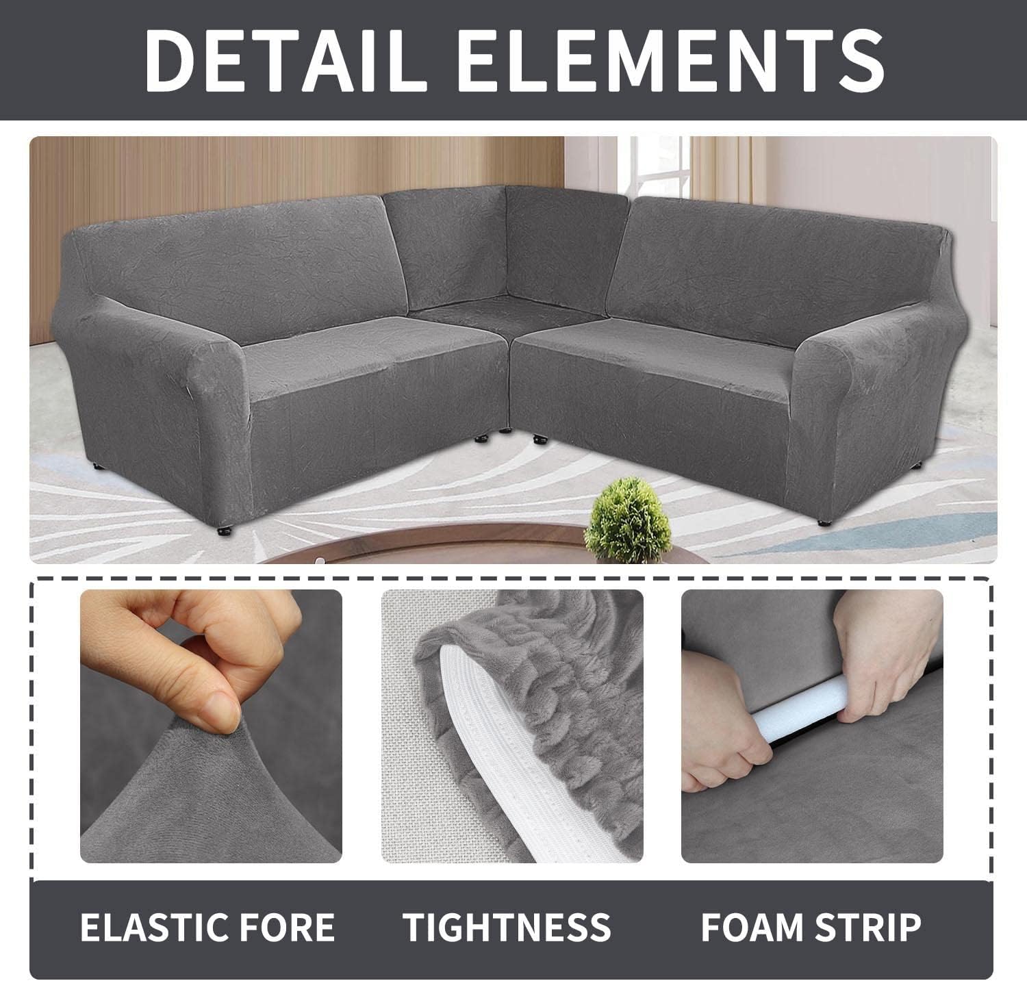 MIFXIN Sectional Corner Sofa Covers 5 Seat L-Shaped Sectional Couch Slipcovers 3 Piece Velvet Stretch Soft Washable Furniture Sofa Protector for 5-Seater Corner Sofas (Grey)