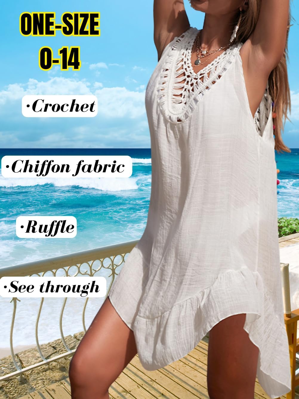 Womens Chiffon Bathing Suit Cover Up Dress,Boho Crochet Swimsuit Coverup,Sheer Dresses Beach Vacation Outfit Fit 0-12 - Image 3