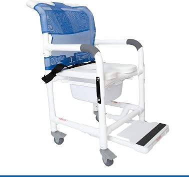 Institutional Grade Rolling Shower Commode Chair with Wheels & Drop Arms Padded Seat, Locking Casters, Sliding Footrest, Seat Belt Fits Over Toilet 300 lb Capacity DL-1