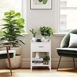 White Night Stands with Drawer, Narrow Bedside Side Tables Bedroom | Modern End Tables Living Room, Small Table, Open Storage Shelf, 2 AC Outlets & 3 USB Ports, Bedroom Furniture, Easy Assembly