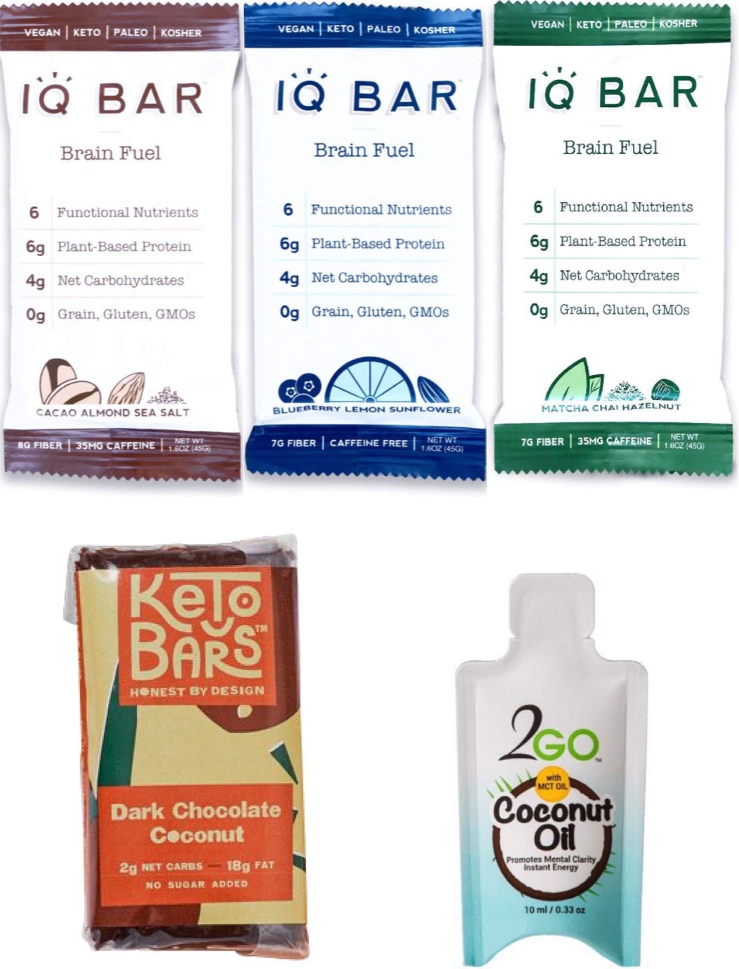 Fat Bombs Dessert Bars Sampler (Low Carb) - IQ Bars Brain Food Bars + Keto Bar + 2GO Coconut MCT Oil Variety Sampler (IQ Bars (Variety) + Dark Chocolate Coconut, 5 Count Sampler)