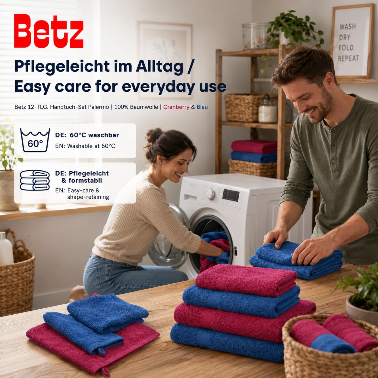 Betz Lot de 12 pièces 100% Coton Palermo 2 draps de Bain 4 Serviettes de Toilette 2 d'invités 2 lavettes 2 Gants de Toilette Couleur Rouge Canneberge et Bleu