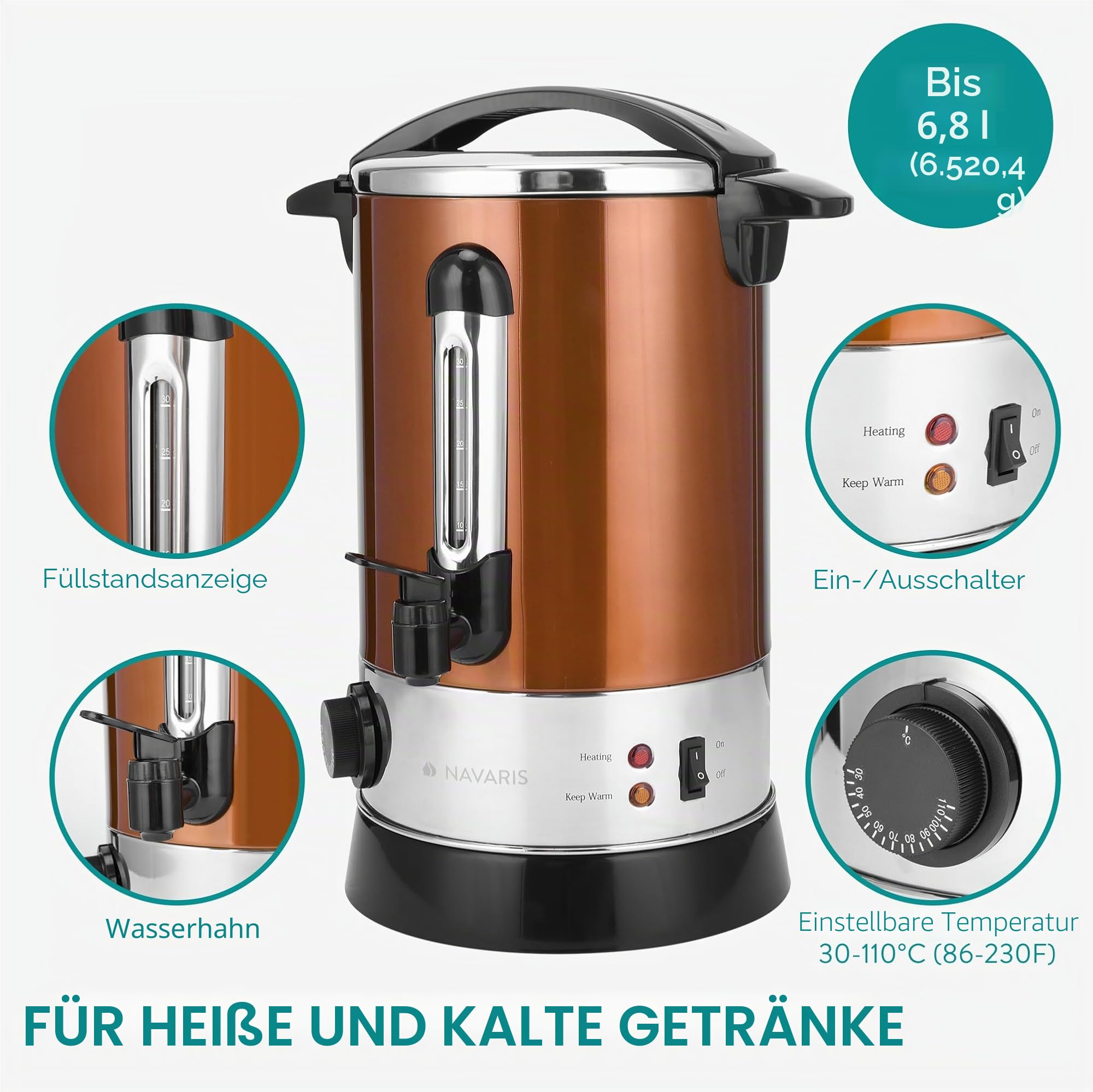 Navaris Glühweinkocher Heißwasserspender aus Edelstahl - 6,8l - mit Thermostat Füllstandanzeige Zapfhahn - Glühwein Heißgetränkeautomat Kupfer