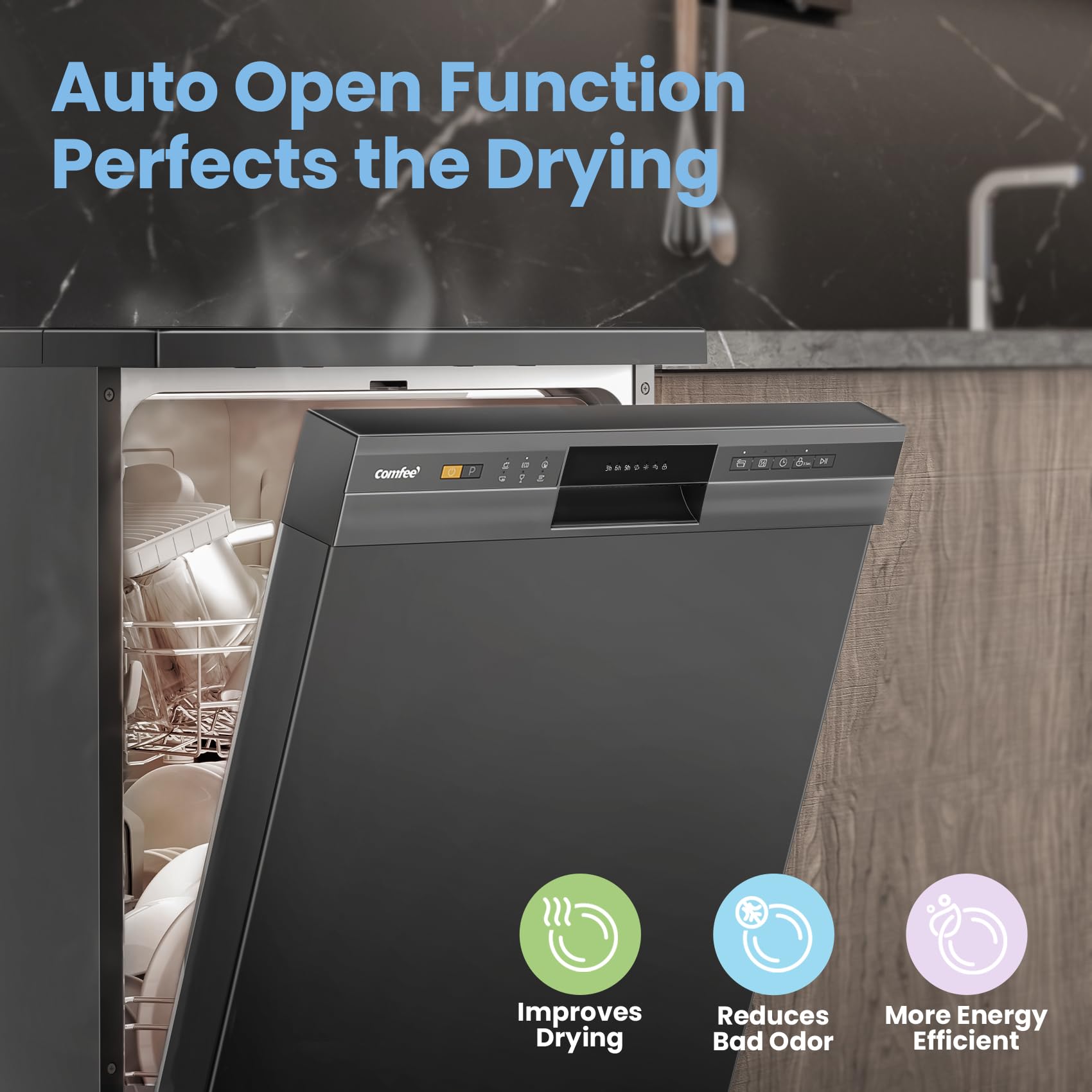 COMFEE' Dishwasher Freestanding with 13 Place Settings, New Upgraded Full Size Dishwasher 60cm Width, CDWPF1301PBD-UK, Auto Door Open Drying, Quick Wash, Hygiene Wash, Delay Start, Half Load -Black — view 9
