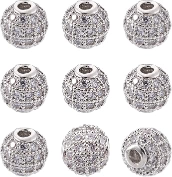Cheriswelry 10pcs 6mm Grade AAA Platinum Micro Pave Cubic Zirconia Charm Beads Round Crystal Clear CZ Stone Disco Ball Beads Bracelet Connector Spacer for DIY Jewelry Making
