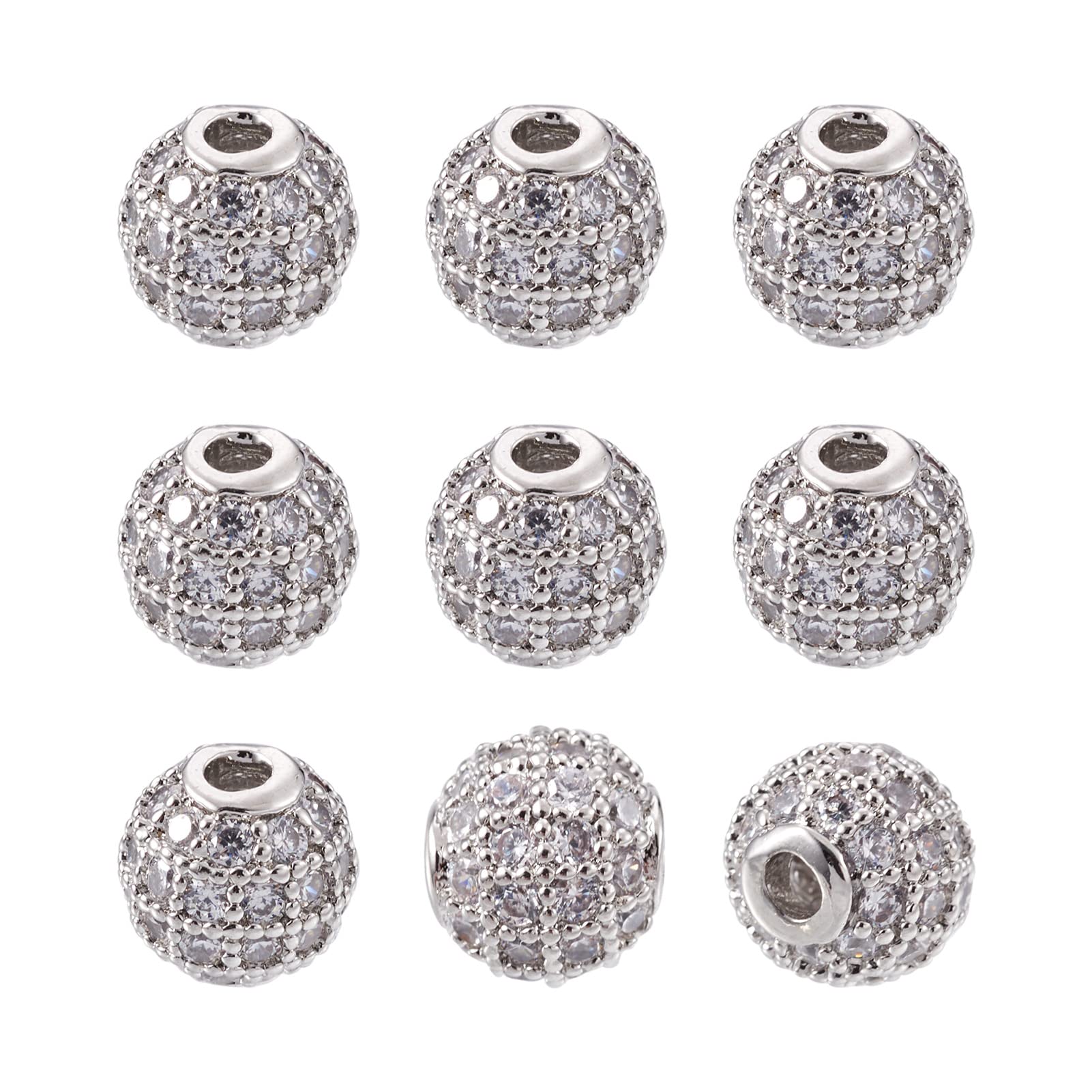 Cheriswelry 10pcs 6mm Grade AAA Platinum Micro Pave Cubic Zirconia Charm Beads Round Crystal Clear CZ Stone Disco Ball Beads Bracelet Connector Spacer for DIY Jewelry Making