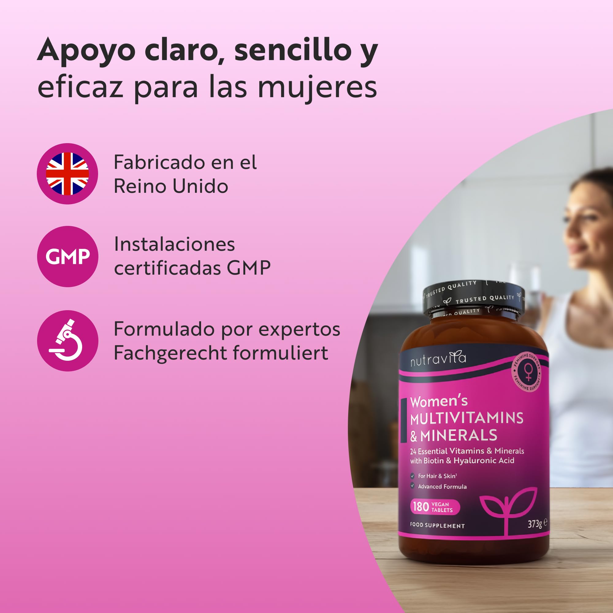 Nutravita Multivitaminas Mujer - 180 Tabletas Veganas - Complejo Multivitaminas y Mineral para Mujeres - 24 Vitaminas y Minerales Activos Esenciales - Vitaminas C, D3, Biotina & Ácido Hialurónico