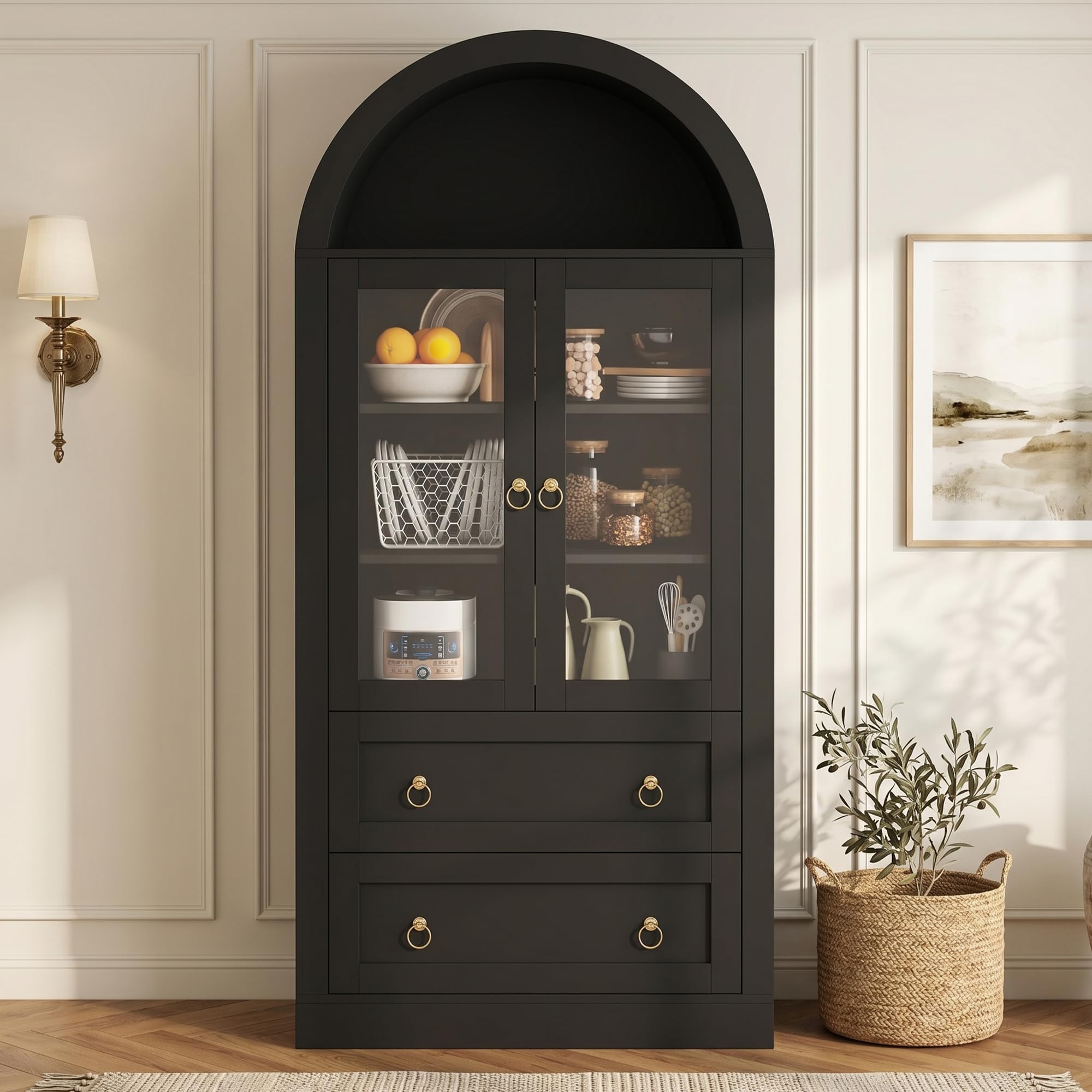 Merax Hochschrank Küchenbuffet, Buffetschrank mit Verstellbaren Ablagen, Hoher Bogen-Aufbewahrungsschrank, mit Schubladen und Glasschranktüren, für Küche und Wohnzimmer, Schwarz, 80x36x170 cm