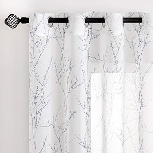 MIULEE White and Blue Tree Branch Print Semi Sheer Curtains 90 Inches for Living Room Window 2 Panels Bedroom Linen Texture Semi Sheer Drapes Grommet Top,52" W