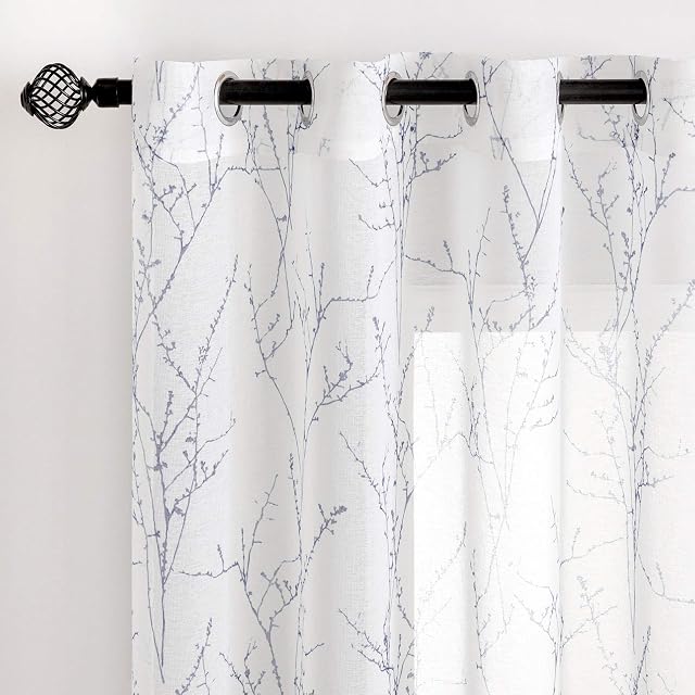 MIULEE White and Blue Tree Branch Print Semi Sheer Curtains 90 Inches for Living Room Window 2 Panels Bedroom Linen Texture Semi Sheer Drapes Grommet Top,52" W