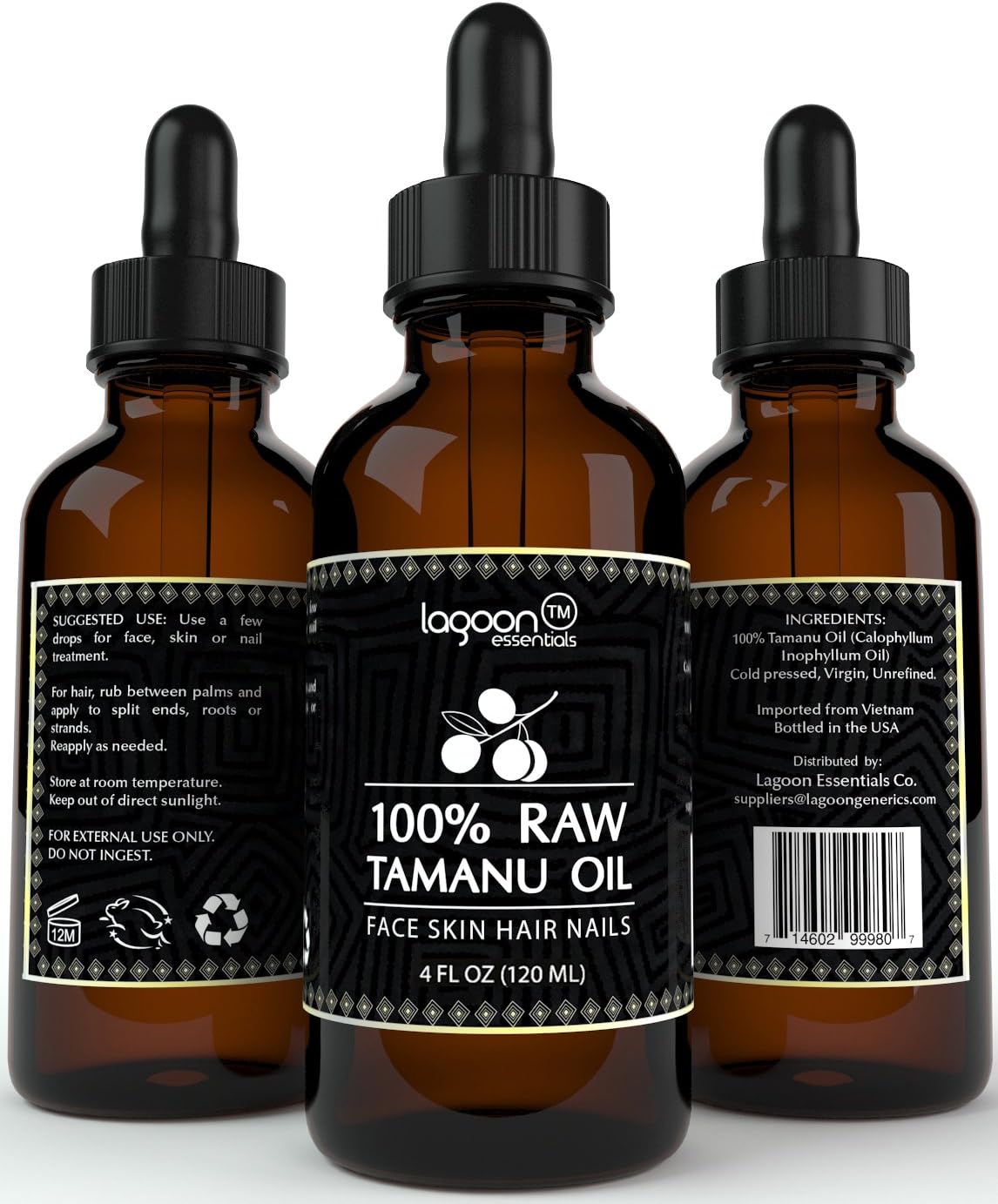 1# Tamanu Oil Cold Pressed - HUGE 4 OUNCES - 100% Raw Virgin Pure Unrefined For Hair, Skin, Face, Nails, Scars, Stretch Marks and More. Highest Quality Dark Green Color. Bottle With Dropper + E-Book.