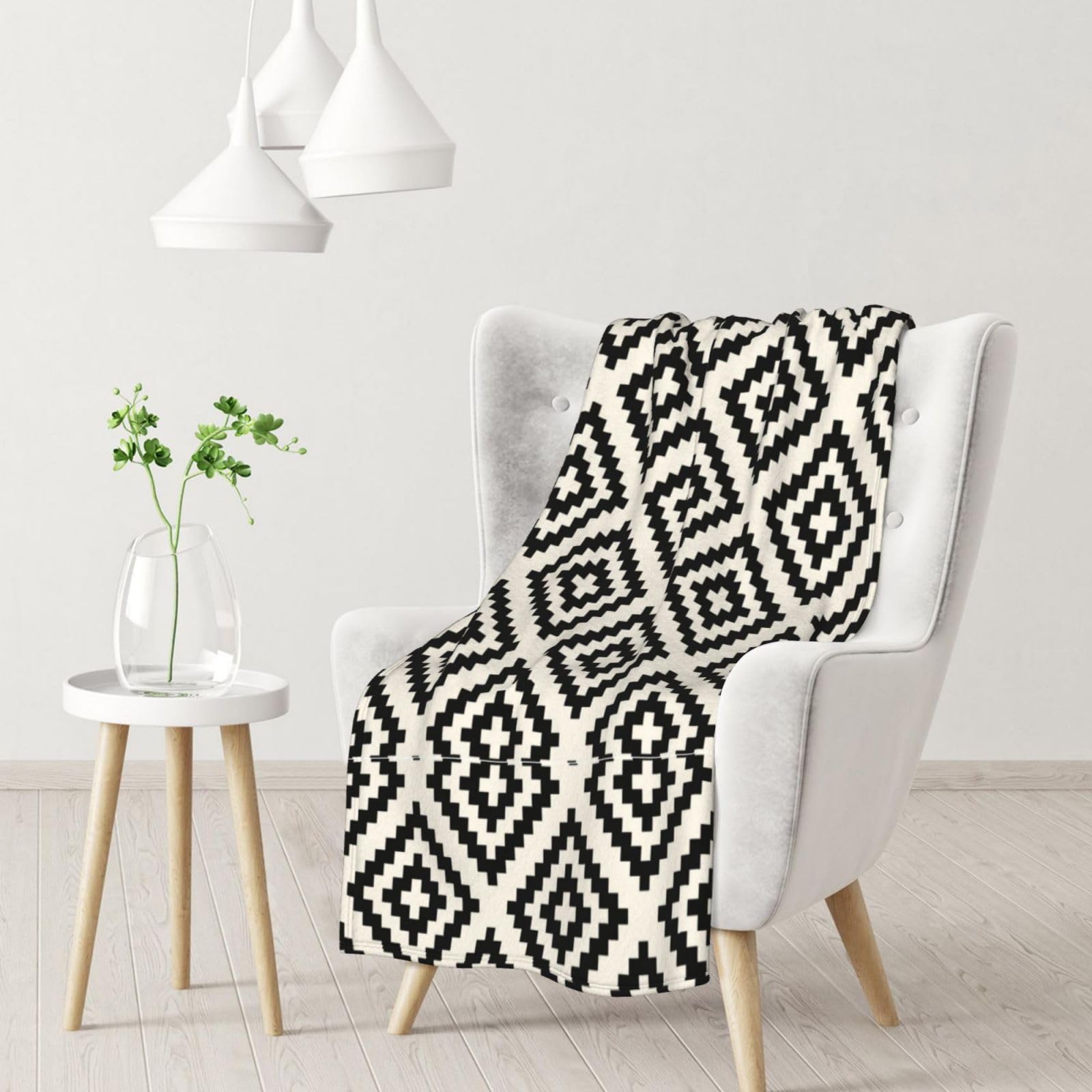 Blanket,Warm Flannel Blanket Throw/Blanket Bed Throw for Sofa Office 102X 76 cm,Geometric Pattern Black And Cream