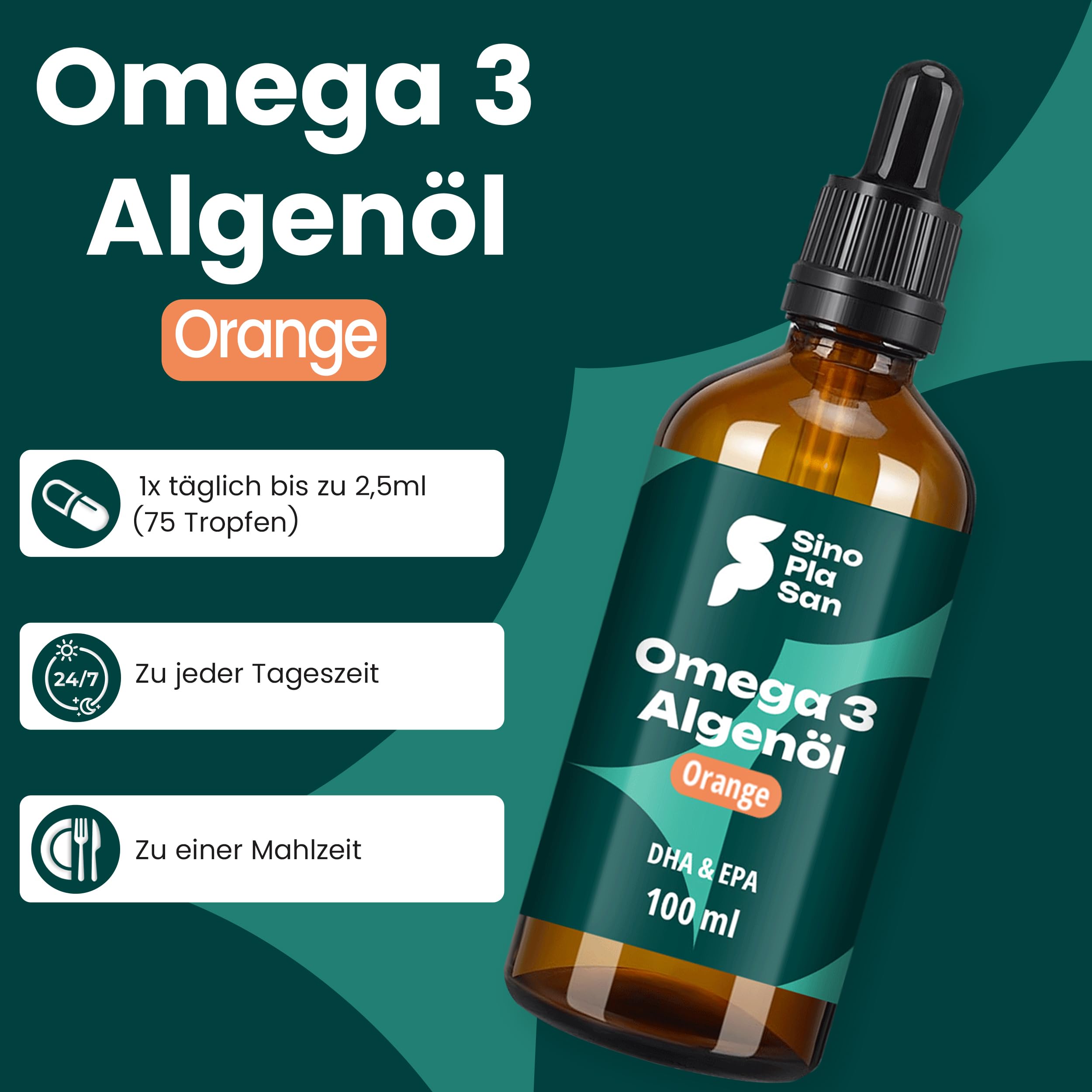 SinoPlaSan Premium Omega 3 Algenöl vegan hochdosiert 100ml mit Orangennote | Mit 1000mg DHA und 535 EPA für Herz, Gehirn und Sehkraft - Made in Germany