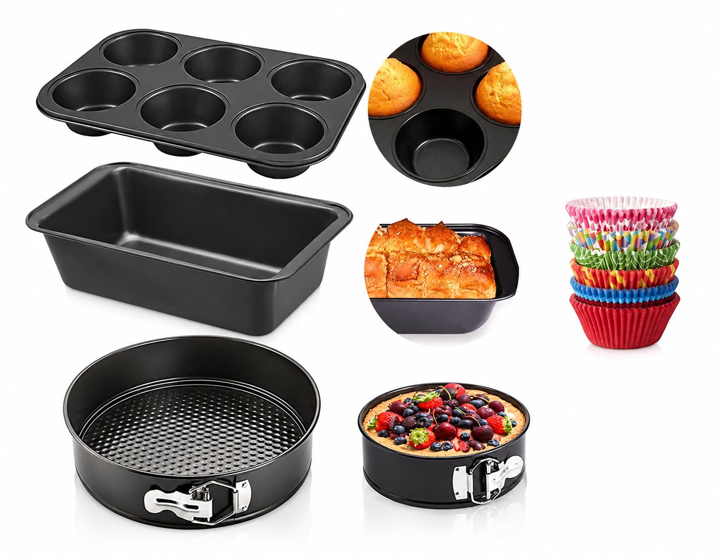 Cake Baking Set Microwave Safe Utensils 4 pc Combo of Round Cake Mould Cake tin, Bread Moulds for Baking, Muffin Tray, & 100 Pcs Paper Cake Liners I Microwave Oven Accessories Black-image-40