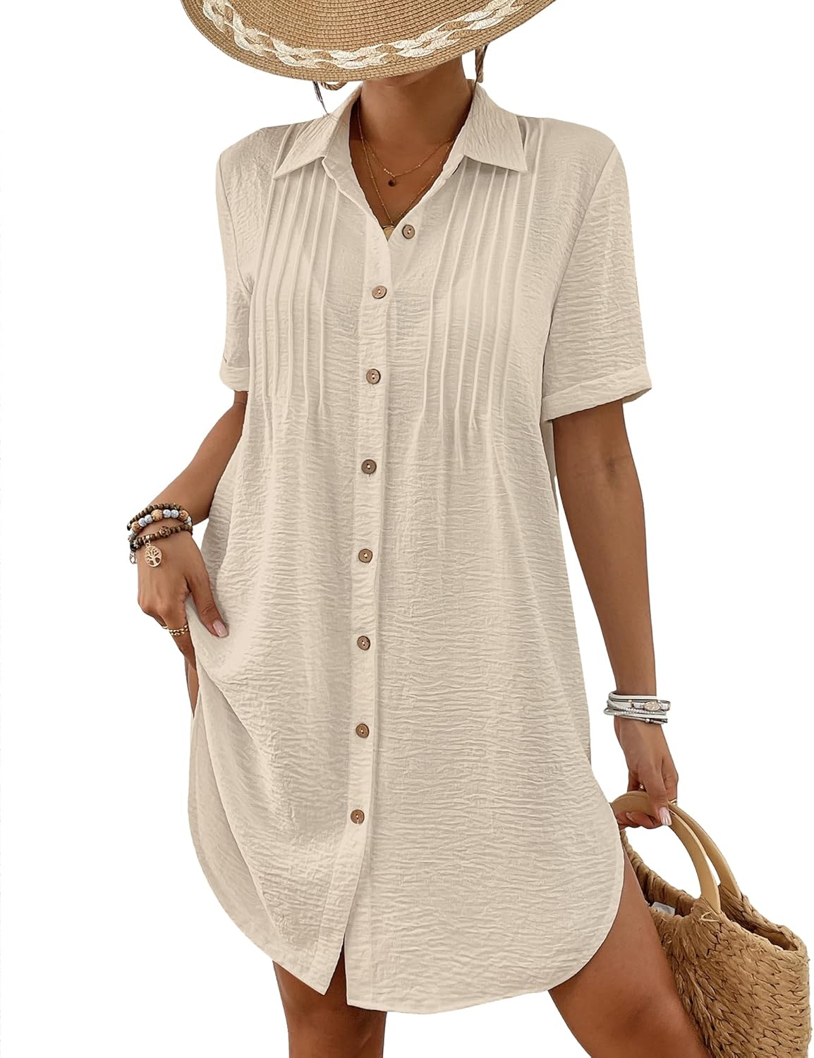 Bsubseach Swimsuit Coverup for Women V Neck Bathing Suit Cover Up Short Sleeve Causal Bikini Button Down Shirt