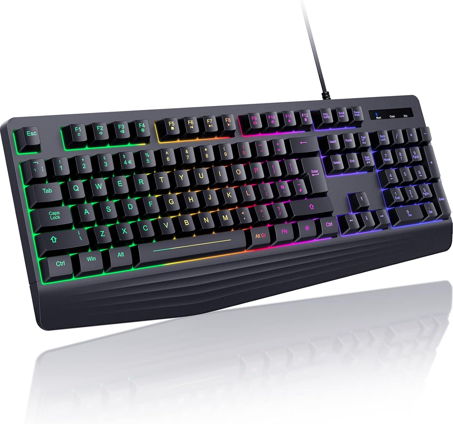 Gaming Keyboard, 7Color Rainbow LED Backlit, 104 Keys Quiet Light Up