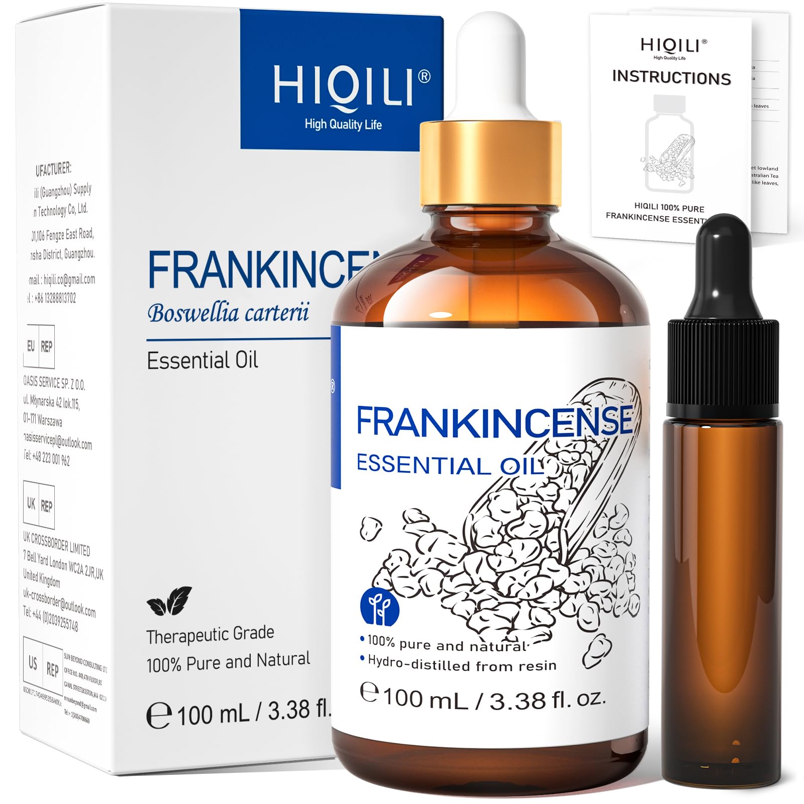 HIQILI Frankincense Essential Oil,100% Pure & Natural Undiluted Therapeutic Grade,for Diffuser Meditate,Relax,Build Confidence - 3.38 Fl Oz