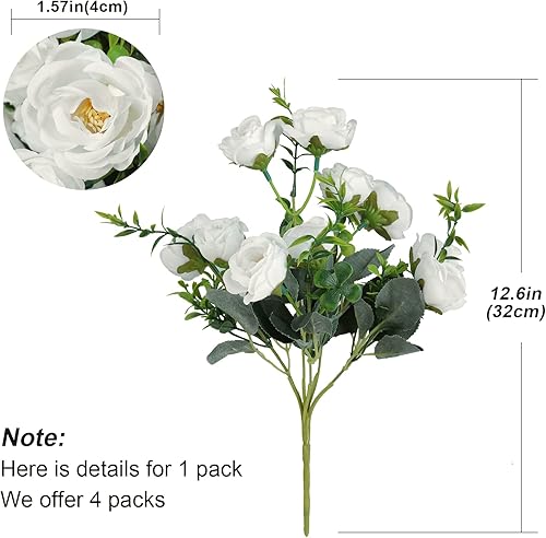 Miniatura 5 de Flores artificiales de rosas, 5 ramas y 10 cabezas con tallos, rosas sintéticas para decoración del hogar, boda, fiesta (4 unidades, blanco)