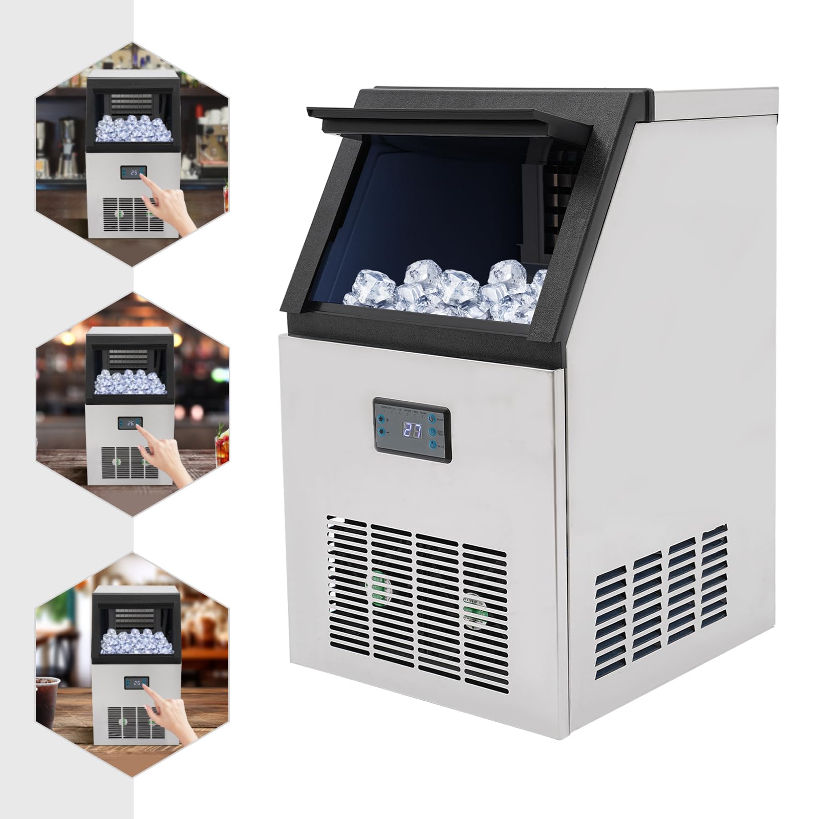 Macchina per cubetti di ghiaccio commerciale 75KG/24H per cubetti di ghiaccio commerciali in acciaio inox, per casa, ufficio, ristorante, bar, caffettiera