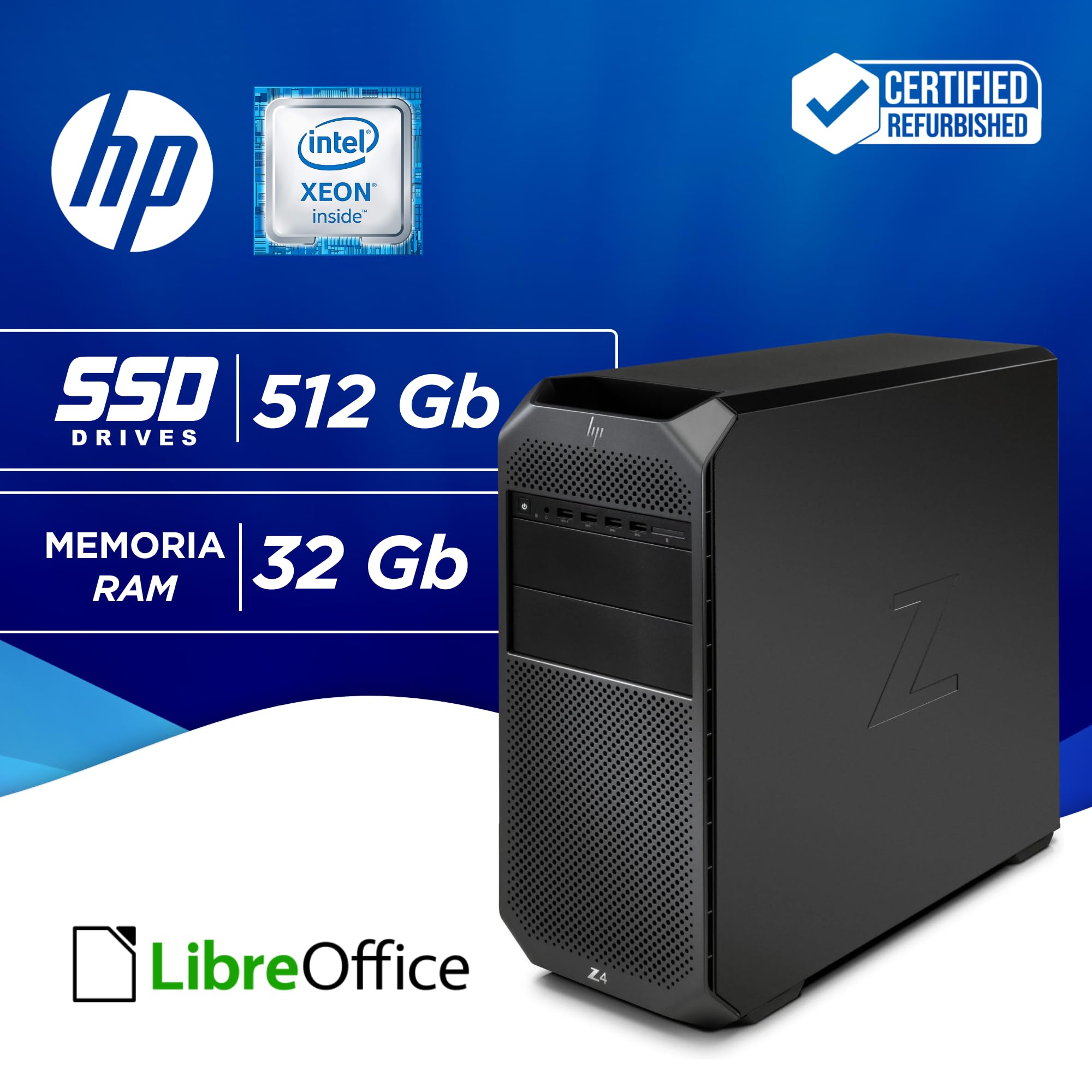 HP, Tower Workstation Pronto all'uso con Libre Office, Intel Xeon W-2133 6 Core 3.60Ghz, Ram 32Gb SSD 512Gb, Display Port, Win 11 (Ricondizionato)