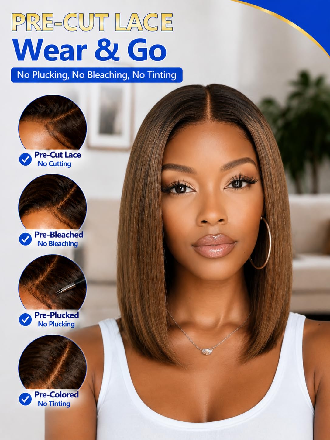 Nadula Chestnut Brown Ombre Yaki Straight Bob Drawstring Wig Human Hair No Slip Pre Cut Glueless 7x5 Bye Bye Knots Lace Front Wig Pre Plucked Bleached Knots Ready to Go Short Light Yaki Bob Wig 14inch