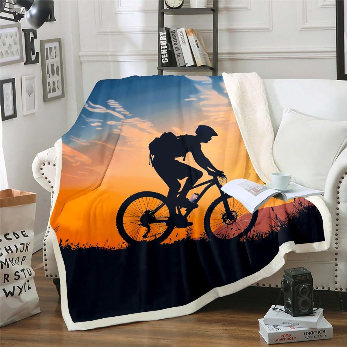 Mountain Bike Sherpa Blanket Extreme Sport Theme Fleece Throw Blanket for Kids Boys Girls Cool 3D Dirt Bike Decor Plush Blanket Bicycle Rider Fuzzy Blanket for Sofa Bed Couch,Twin 60x80 Inches