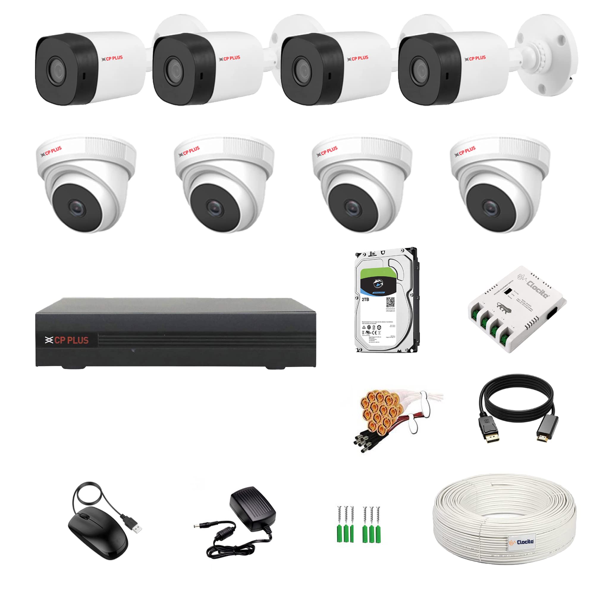 8 Channel DVR + 5MP 4 Dome & 4 Bullet Cameras with Audio Recording (Day/Night Vision) + 2TB HDD + Copper Cable Roll (1+3) + CLOCITE 8 CH Power Supply + BNC & DC Full Combo Kit