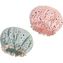 AOOWU Satin Shower Cap Pack of 2 Waterproof Elastic Shower Cap Reusable Double Layer Sleep Cap for Curls Women and Girls Home Hotel Travel Pink+Green
