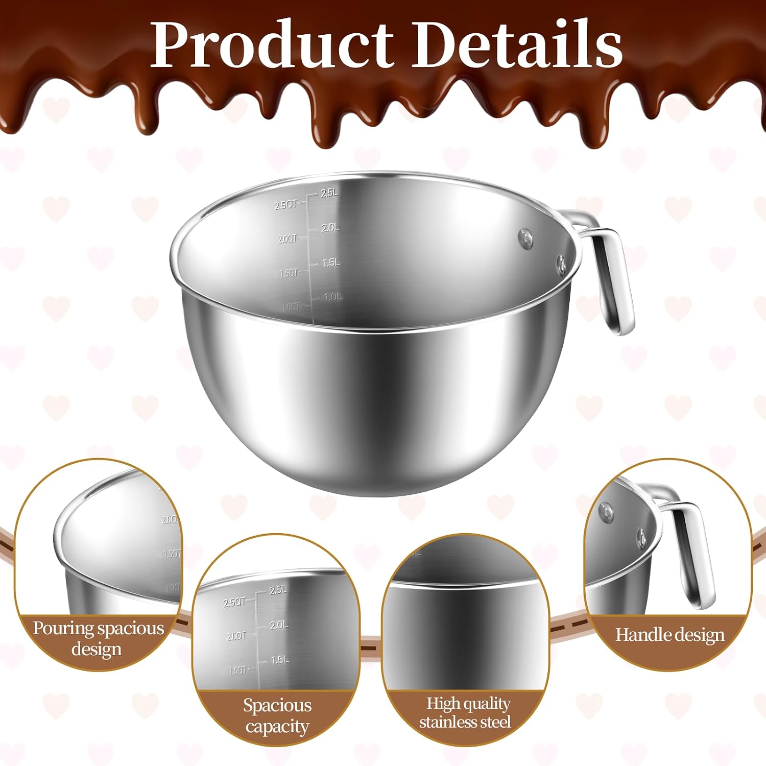 304 Stainless Steel Double Boiler with Spatula and Spoon, 4.2QT Dual-Handle Pot 2.6QT Melting Bowl with Scale and Handle Stackable Water Bath Melting Pot Set for Chocolate, Butter, Sugar, Wax