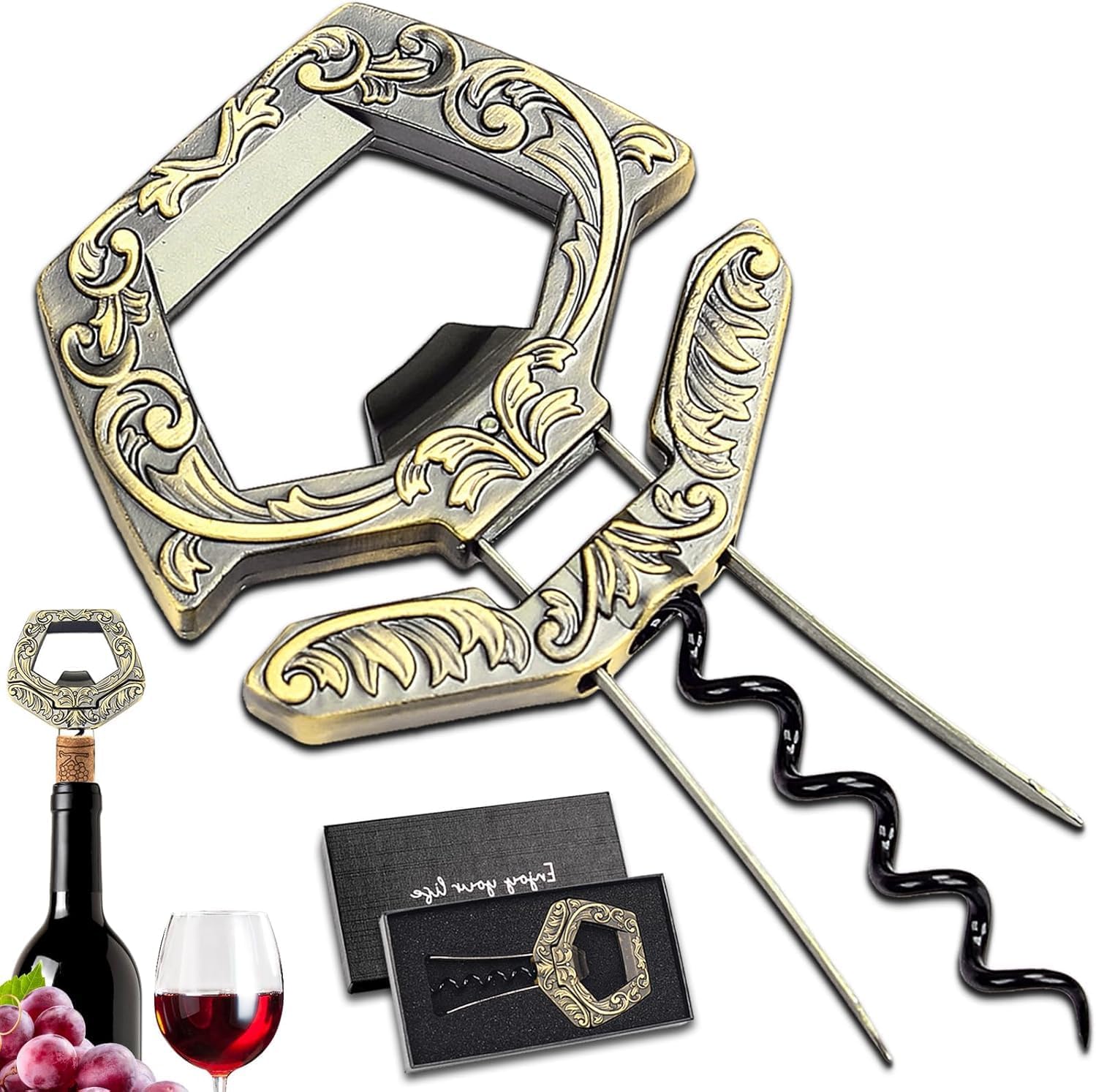 3 in 1 Ah So Wine Opener,Professional 2-Prong Wine Cork Remover & Spiral Corkscrew,Vintage Bronze Old Bottle Opener for Aged Fragile Corks,Beer Opener with Gift Box for Collectors (Vintage Bronze)