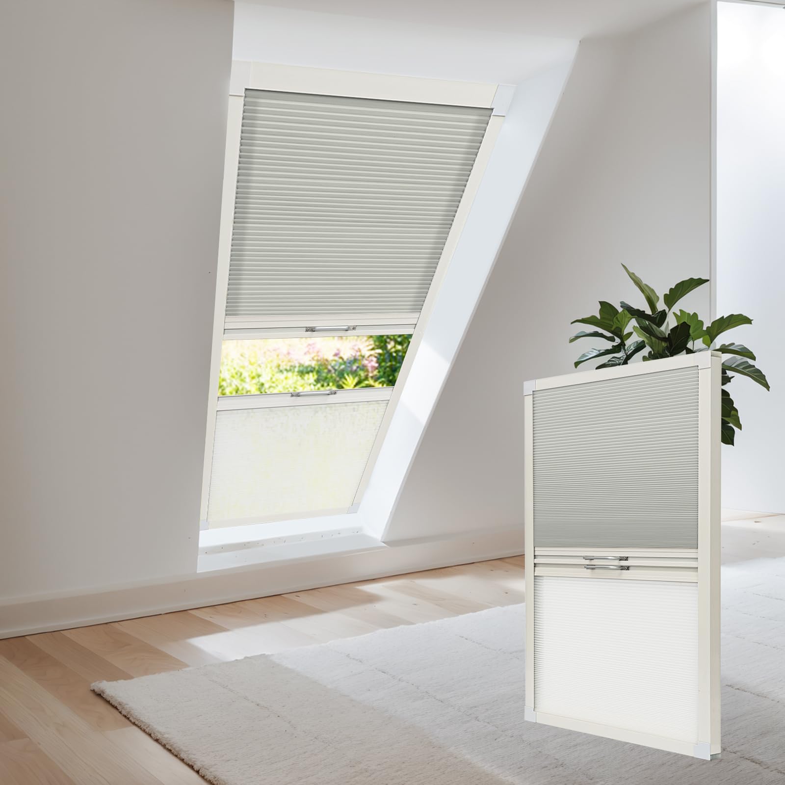 Store de toit plissé cellulaire jour nuit gris argenté filtrant la lumière sans perçage