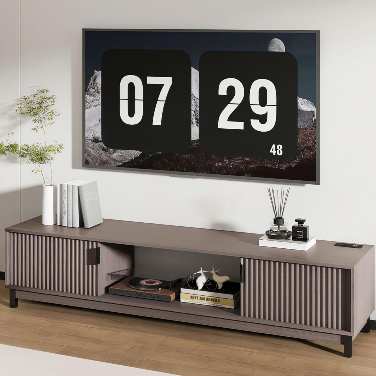 TV Stand with Power Outlet for 65 Inches TV, Luxury Mid Century Modern TV Console Media Entertainment Center with Storage Cabinets and Open Shelves for Living Room Bedroom - 58" Mocha