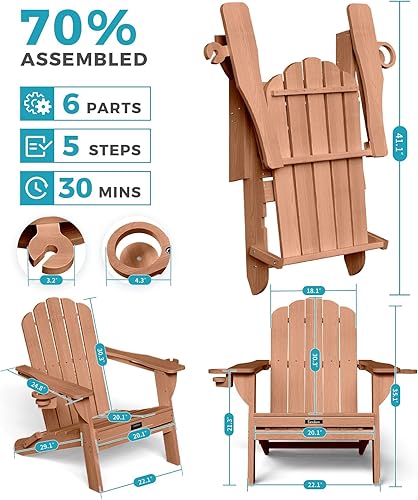 Miniatura 2 de Adirondack - Juego de 2 sillas Adirondack para todo tipo de clima, silla Adirondack con textura de madera para hoguera, patio, jardín, piscina, teca