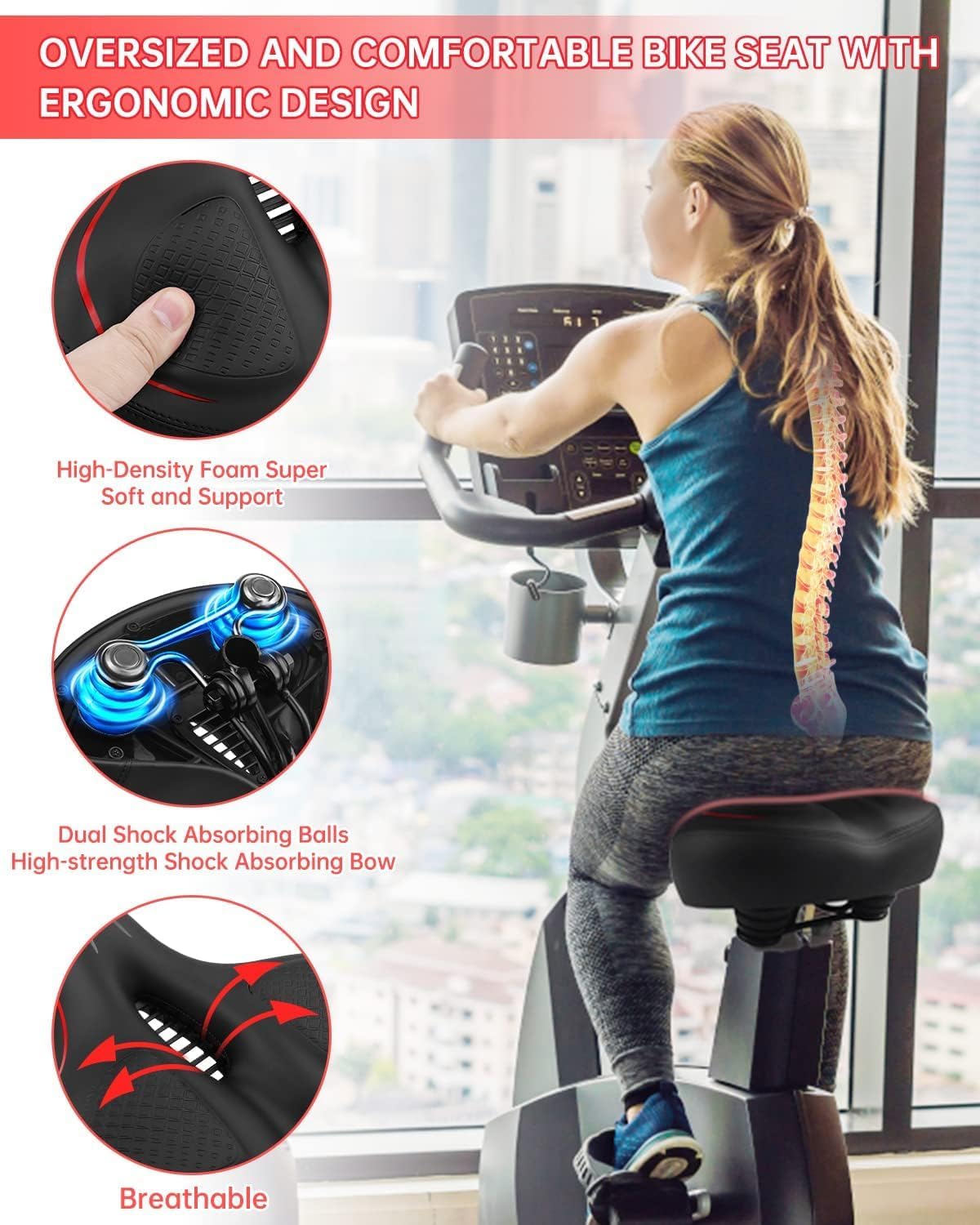 MSDADA Oversized Bike Seat, Comfortable Wide Bike Seat Cushion for Men Women, Excercise Bike Seat Replacement for Stationary/Exercise/Indoor/Outdoor/Mountain/Road Bikes