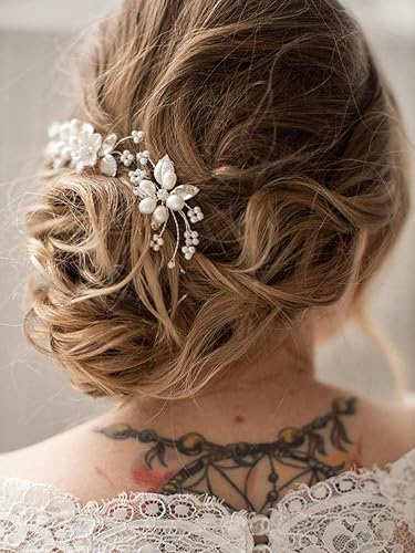 Miniatura 8 de Unicra Broches para el cabello de novia con flores de boda, pieza de cabello de perlas para novia, accesorios de cabello de cristal para mujeres y
