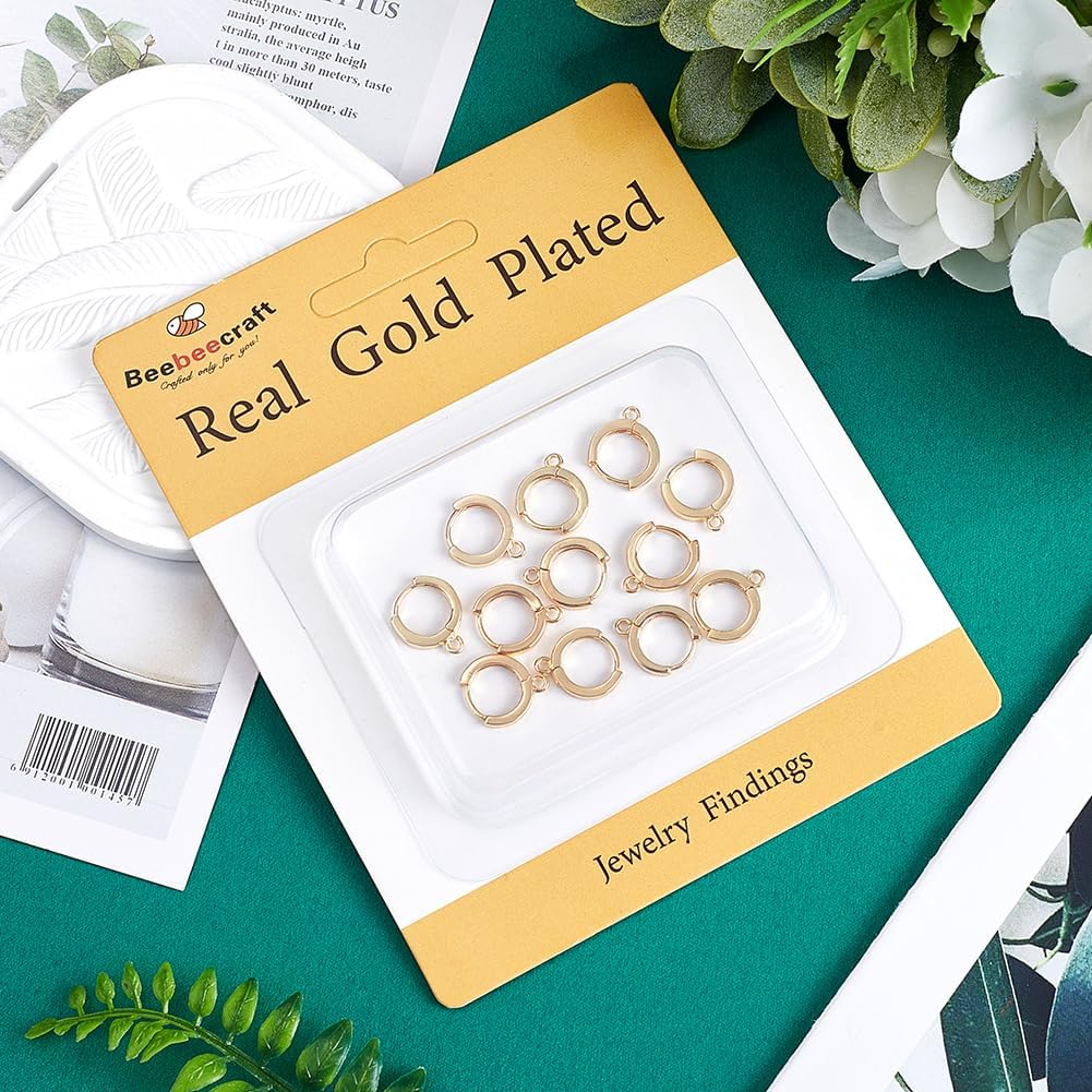 Beebeecraft 14Pcs 18K Gold Plated Round Leverback Earring Hooks Huggie Hoop Earring Findings French Ear Wires with Loop for DIY Jewelry Making, 15x12mm