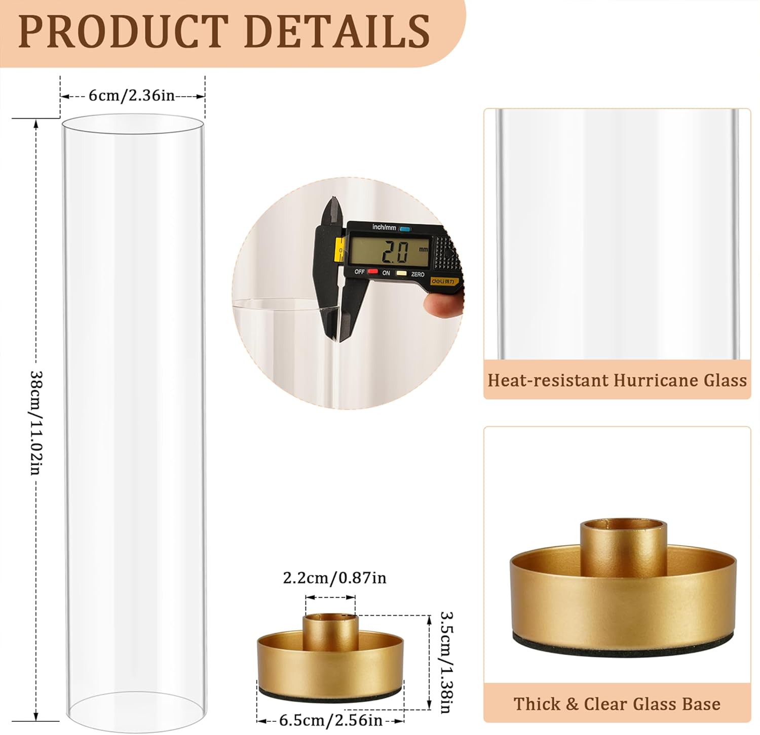 Hurricane Candle Holders Golden Taper Candle Sticks Holder, with 11" Thickened Glass Cylinder Covers Tall Candlesticks Holders Bulk Set of 10, Dining Table Centerpiece for Wedding