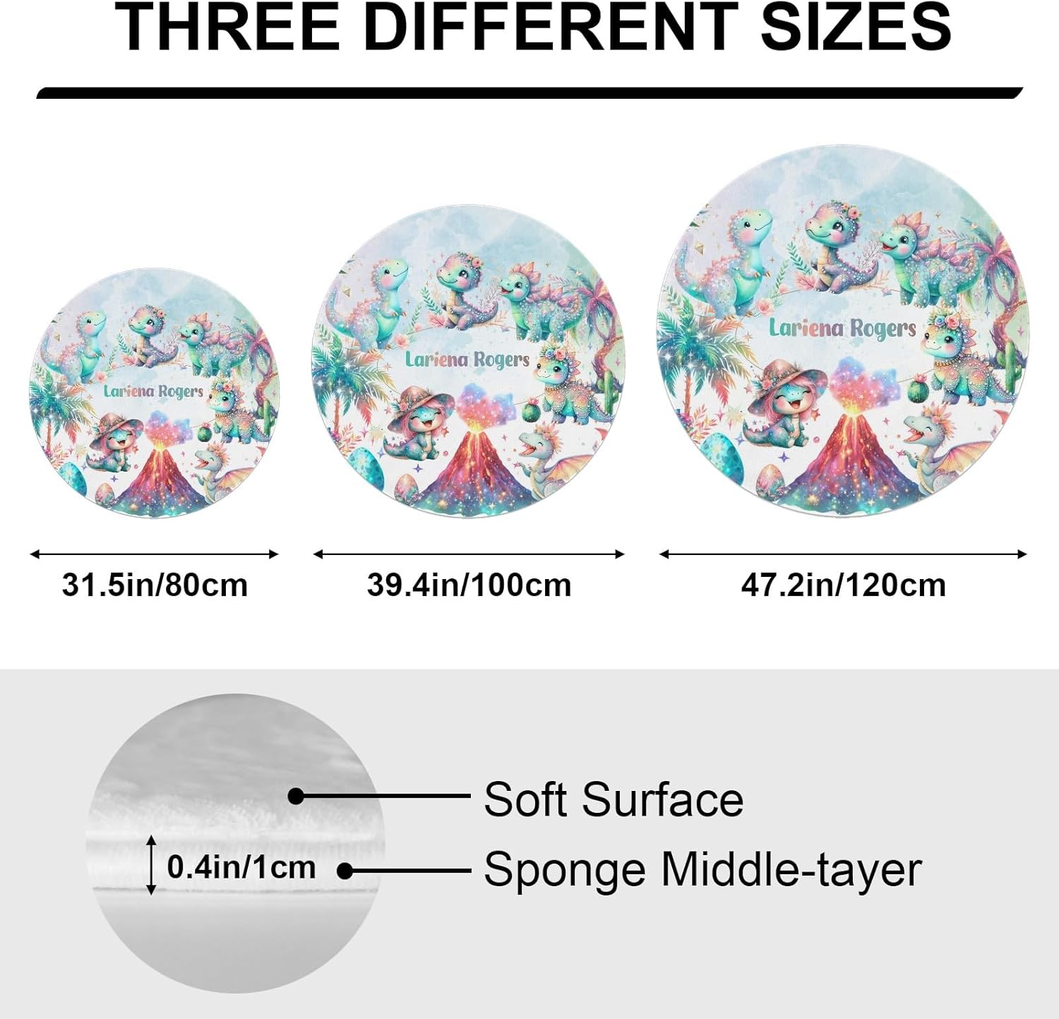 Custom Name Washable Round Area Rug, Dino Girl Fantasy Landscape Non-Slip Round Rugs 80CM-Soft Flannel Circle Carpet for Living Room Bedroom Kitchen Nursery,Dinosaur for Boys Girls