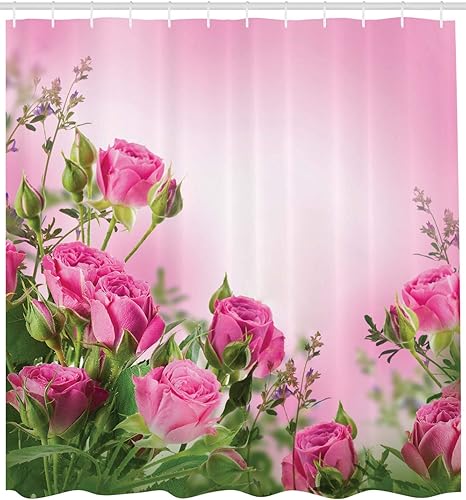 Miniatura 2 de Ambesonne Cortina de ducha con flores, diseño de rosas, hojas y brotes, imagen de atmósfera degradada, juego de decoración de baño de tela con