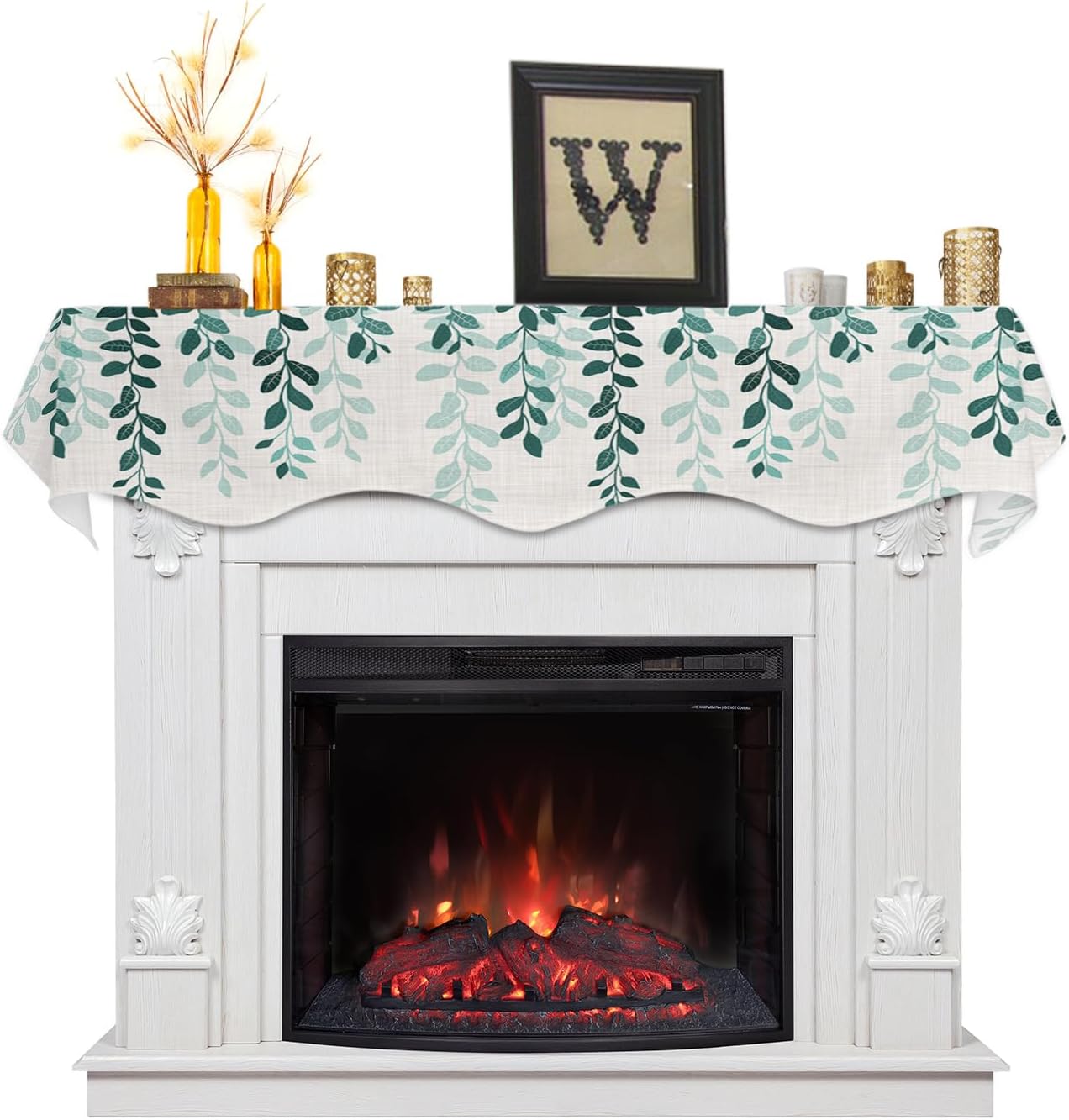Plant Mantle Scarf 90 x 17 Inch, Dark Grey Leaves Gradient Linen Texture Fireplace Mantel Scarf Mantel Cover Runner for Home Living Room Indoor Holiday Party Decor