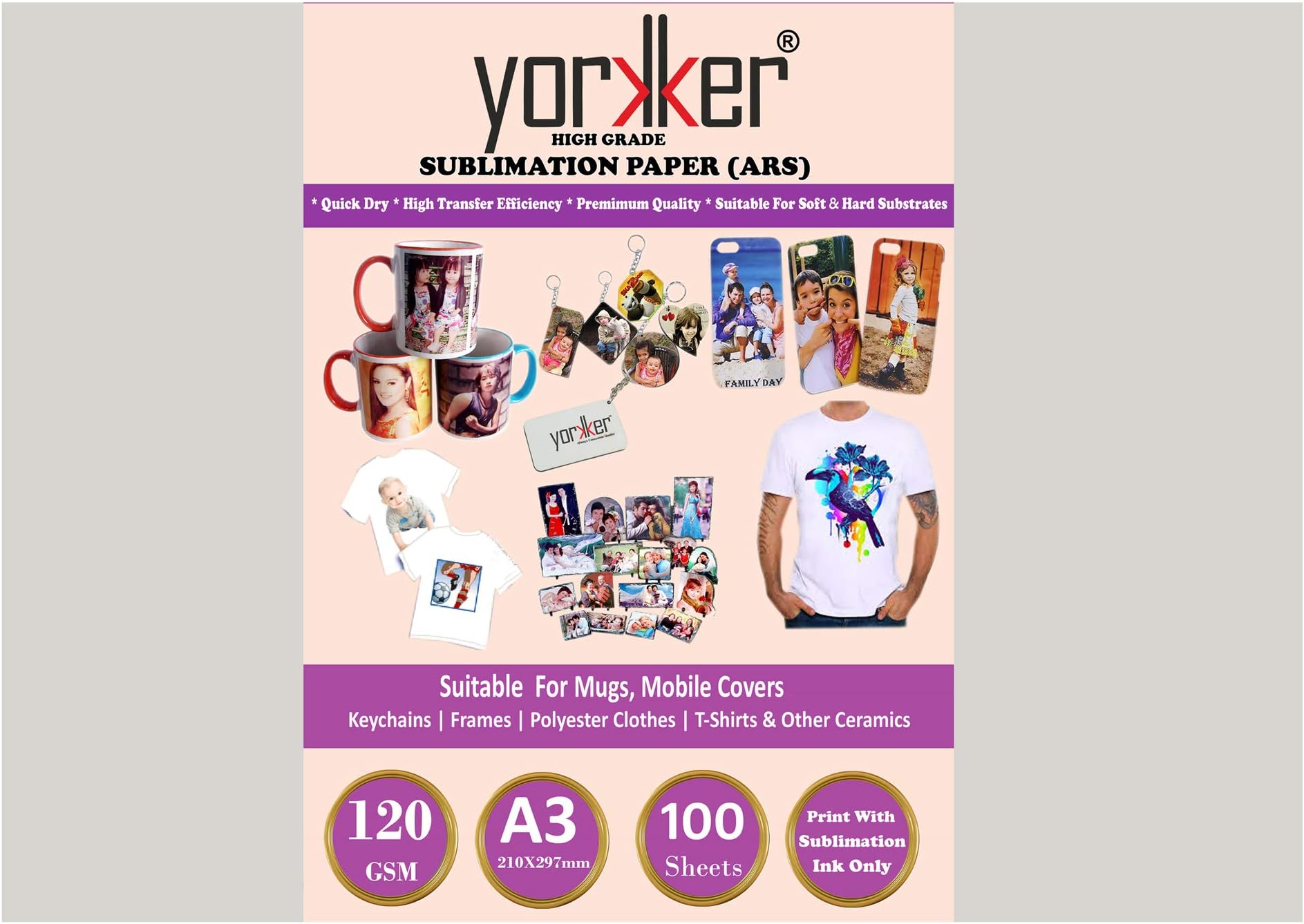 Yorkker® Sublimation Paper (ARS) A3 Size,High Grade Quick Dry for Mug Printing, Mobile cases & Covers, Keychain,Polyester T-shirt,Cushion & Other Ceramics 120Gsm A3X100 sheets Use Sublimation InkOnly
