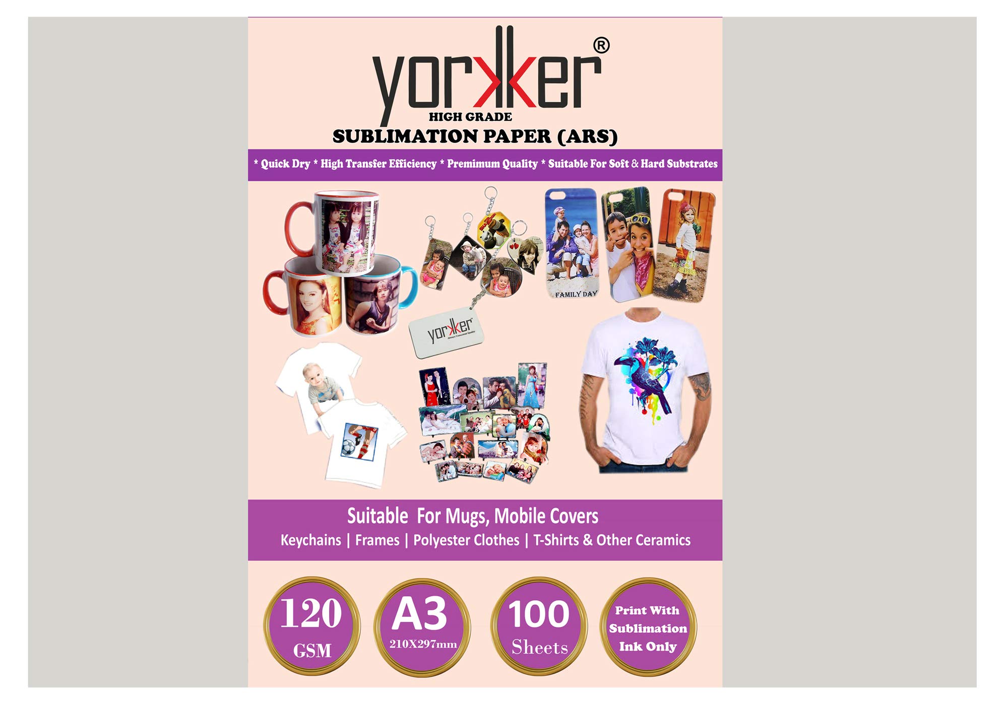 Yorkker® Sublimation Paper (ARS) A3 Size,High Grade Quick Dry for Mug Printing, Mobile cases & Covers, Keychain,Polyester T-shirt,Cushion & Other Ceramics 120Gsm A3X100 sheets Use Sublimation InkOnly
