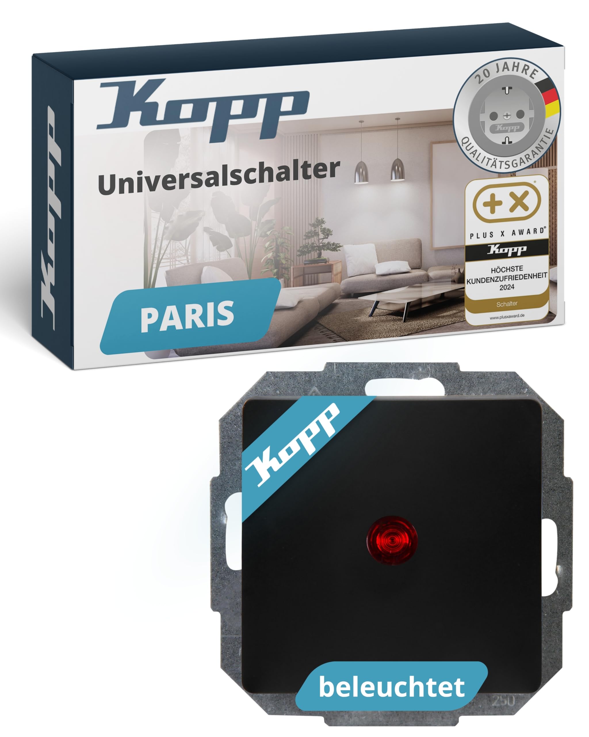 Kopp PARIS Kontrollschalter beleuchtet in Matt-Schwarz - Stilvoller IP20 Schalter mit Kontrollleuchte - Hochwertiger Wechselschalter mit 10AX Schaltvermögen - Lichtschalter-Unterputz 250V~