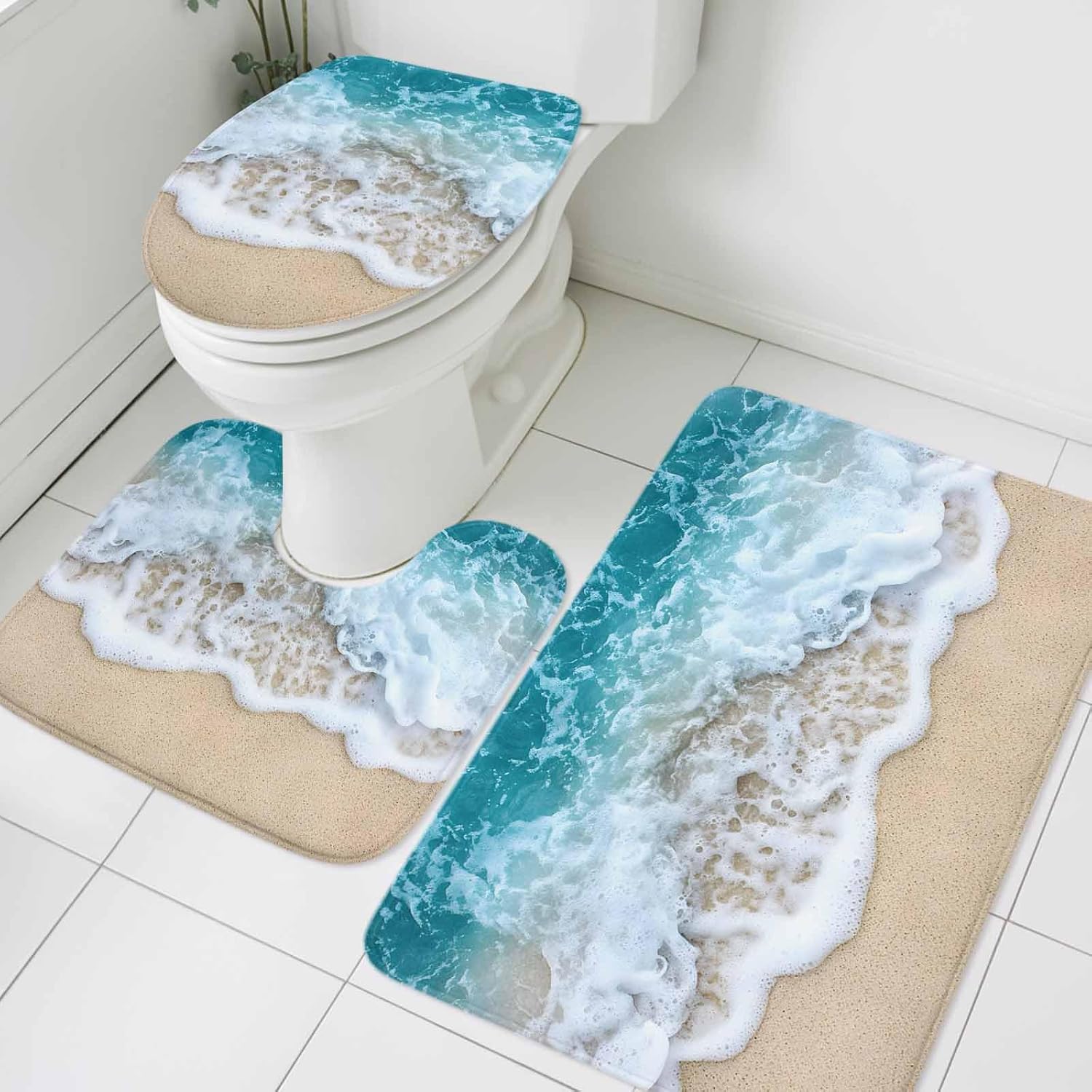 Ocean Beach Bathroom Rugs Mat Sets 3 Piece, Summer Sand Waves Nature Absorbent Bathroom Mat Set with Non-Slip Rug, Toilet Lid Cover and Bath Floor Carpet Accessories Large Size