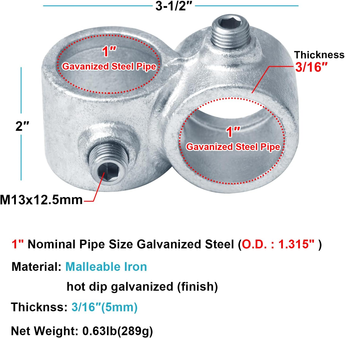 4 PCS Structural Pipe Railing Fitting, Crossover Clamp Fits OD 1.315" (1" Nominal) Galvanized Pipe