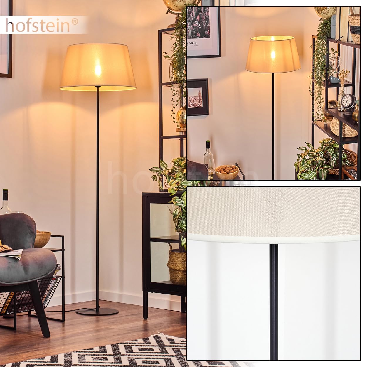 Stehleuchte Bassagoda, Stehlampe aus Metall/Stoff in Schwarz/Beige/Weiß, Leuchte im skandinavischen Design mit rundem Schirm (Ø 45 cm) u. Fußschalter, 154,5 cm, 1 x E27, ohne Leuchtmittel