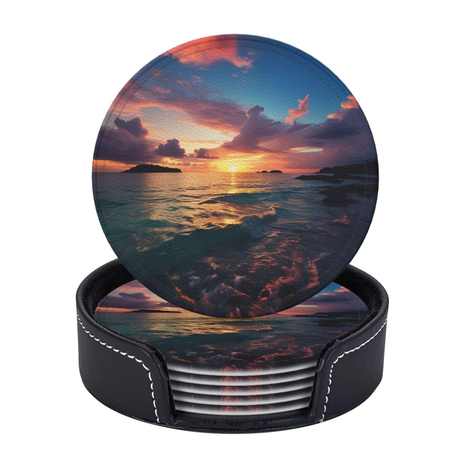 6Pcs PU Leather Coaster for Drinks, Ocean and Sunset Cup Coasters with Holder, Aesthetic Drink Coasters for Coffee Table, Round Coaster for Tabletop Protection 4" Cup Mat Pad