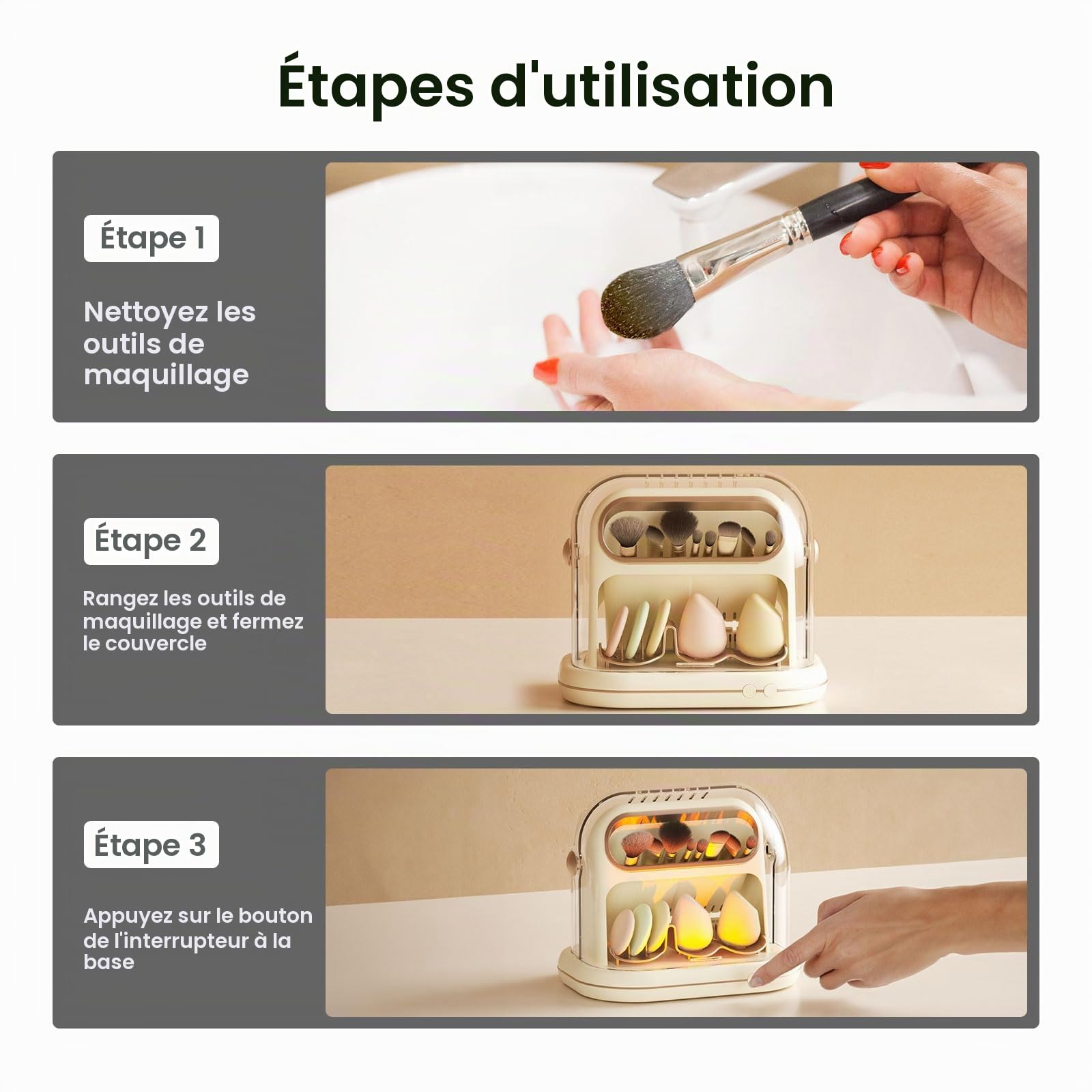Sèche‑Pinceaux De Maquillage Électrique, 3 En 1 Automatique Et Rangement Avec Couvercle, Outil De Nettoyage Programmé Pour La Plupart Des Tailles De Pinceaux Et Éponges