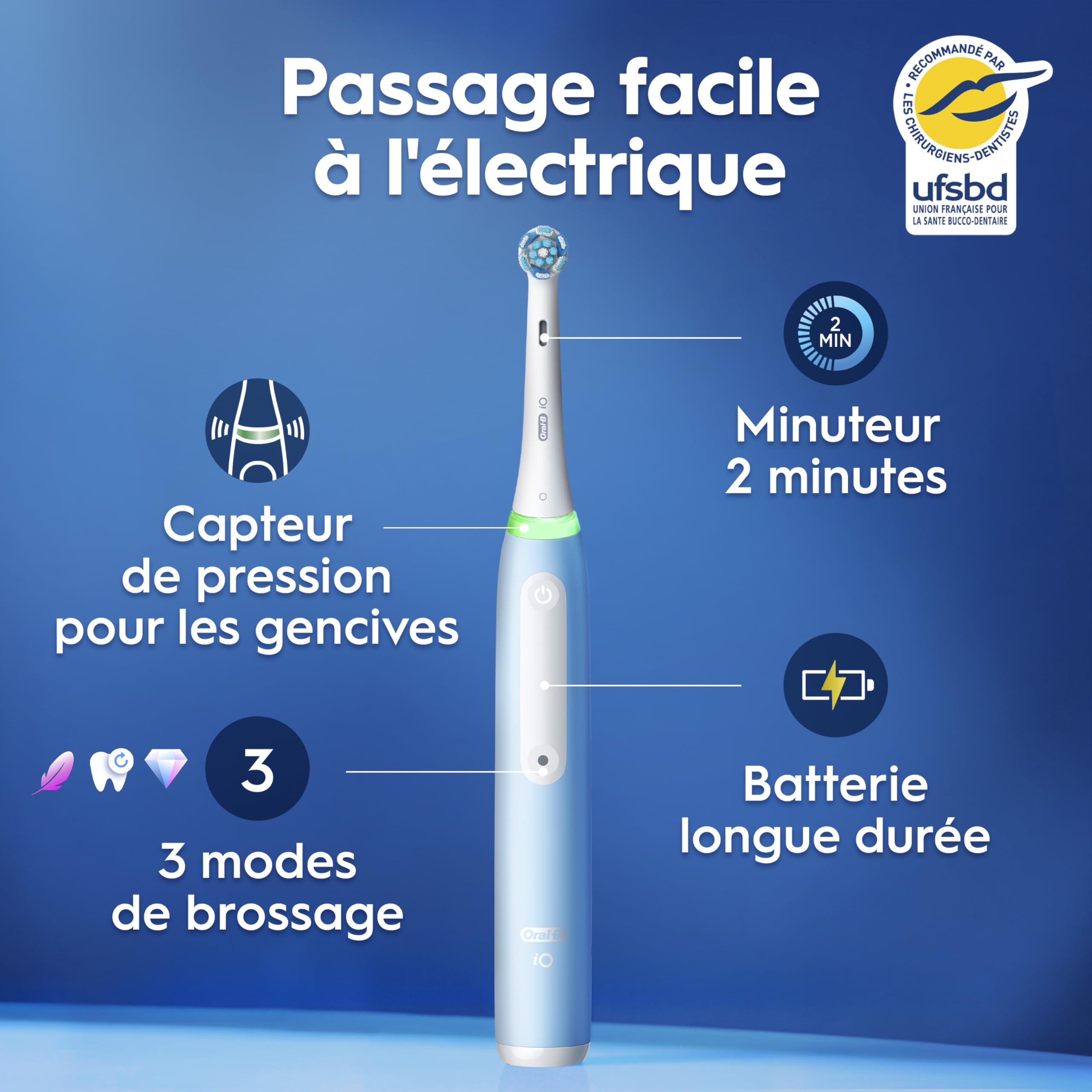 Oral-B Brosse à Dents Electrique iO 3 avec 3 Brossettes de Rechange, Bleue – 3 Modes de Brossage Silencieux dont Douceur et Blancheur, Capteur de Pression sur les Gencives, Batterie Rechargeable